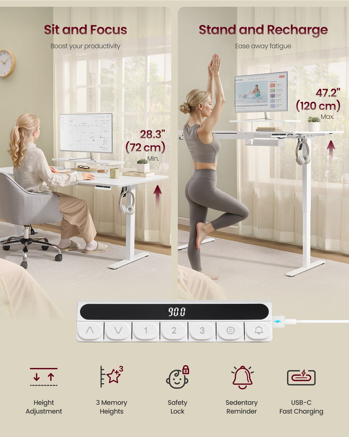 Electric Standing Desk - Wood - Rustic Brown - Height Adjustable with Built-in Drawer and Monitor Stand