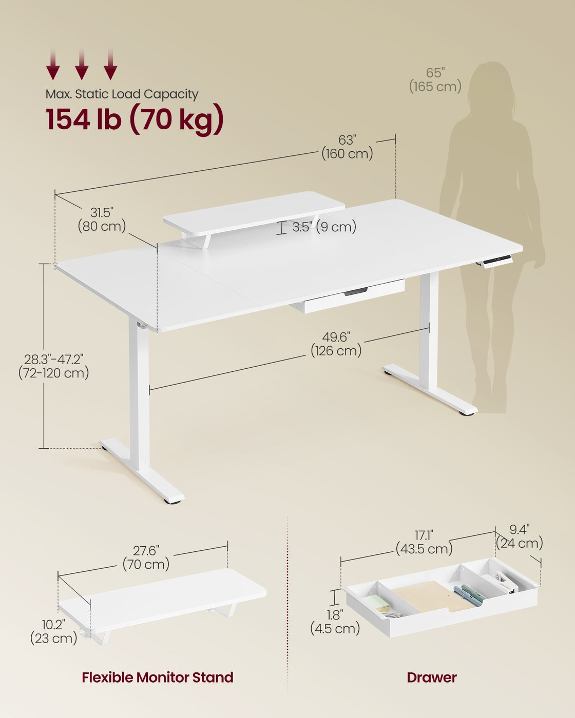 Electric Standing Desk - Wood - Rustic Brown - Height Adjustable with Built-in Drawer and Monitor Stand