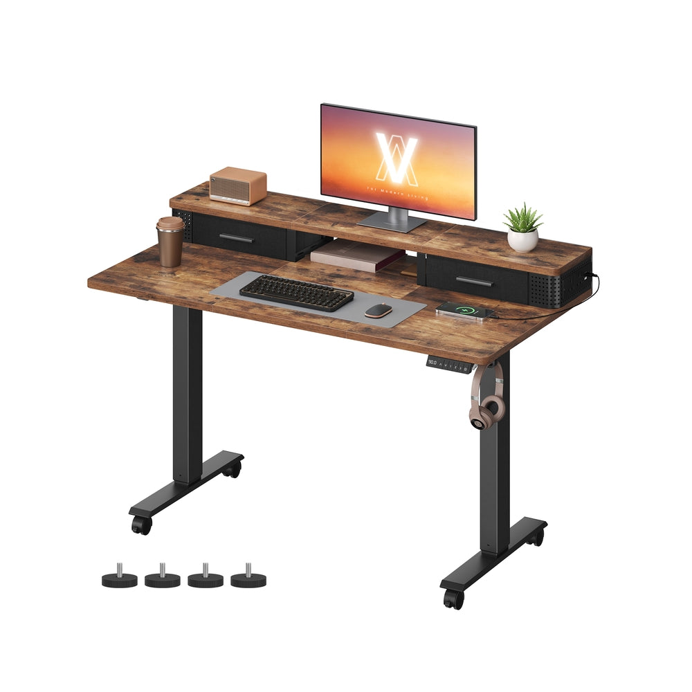 Electric Standing Desk - Wood - Black - Adjustable Height with Built-In Power Strip
