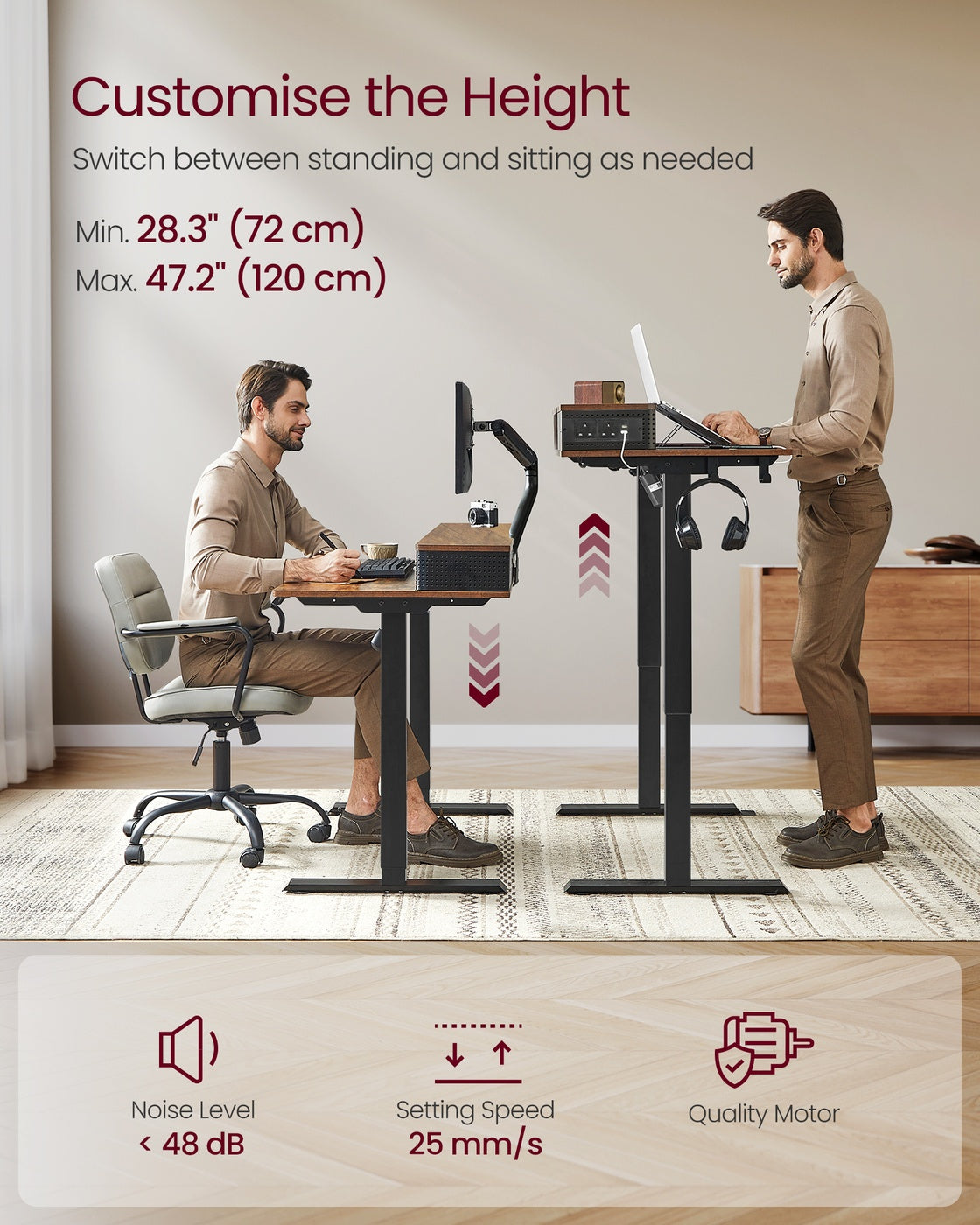 Electric Standing Desk - Wood - Black - Adjustable Height with Built-In Power Strip