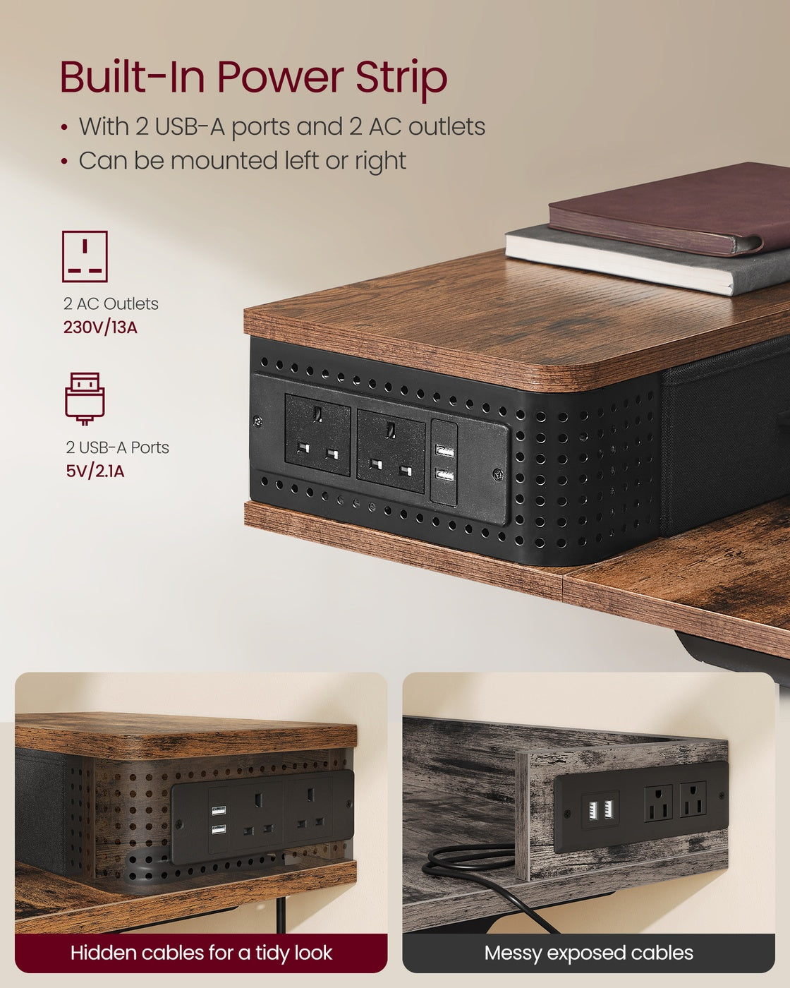 Electric Standing Desk - Wood - Black - Adjustable Height with Built-In Power Strip