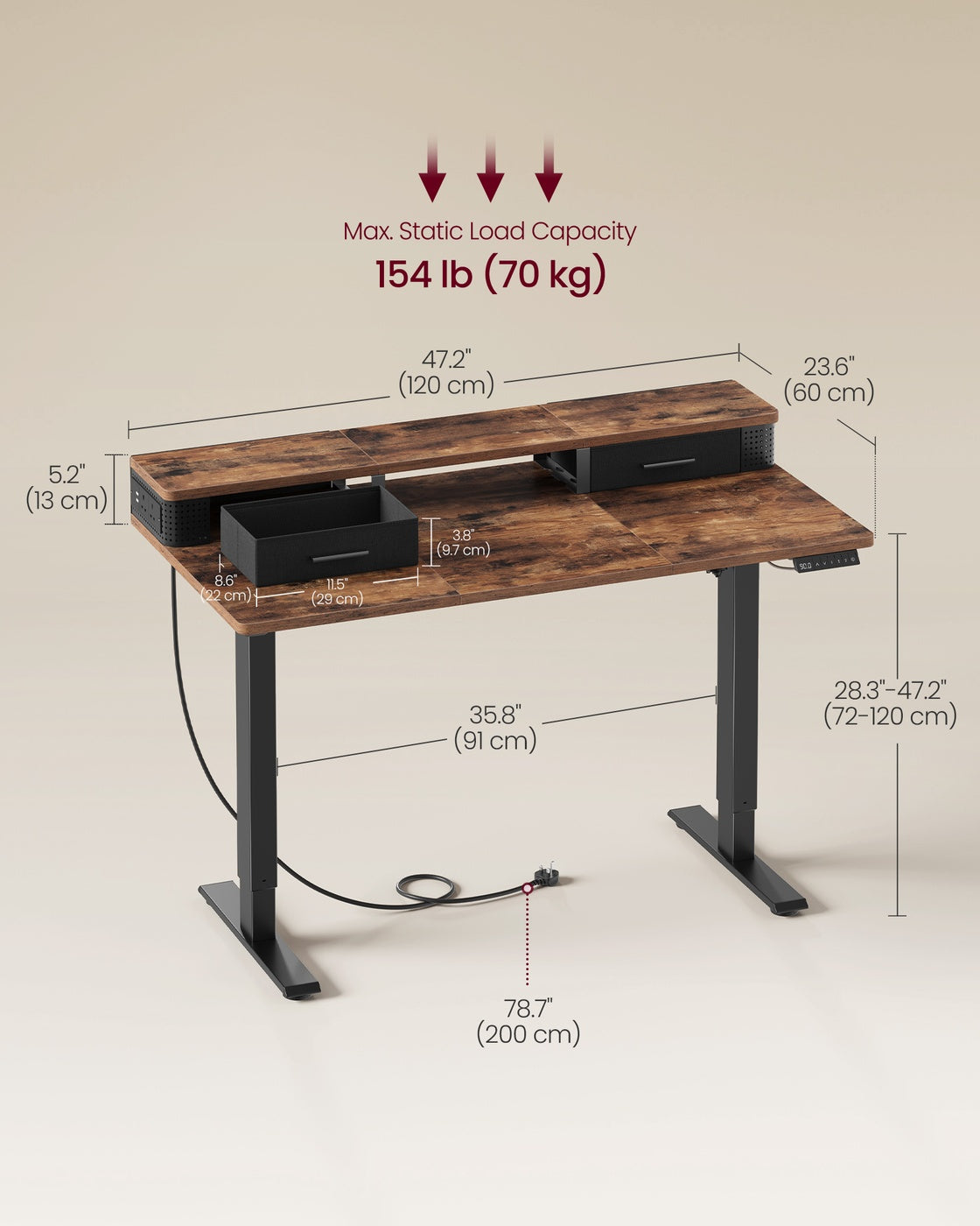 Electric Standing Desk - Wood - Black - Adjustable Height with Built-In Power Strip