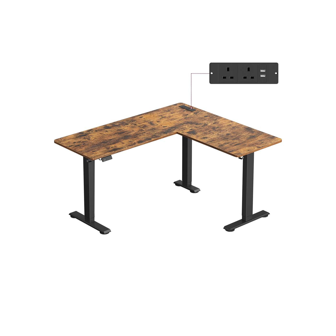 L-Shaped Electric Desk - Wood - Rustic Brown - Height-Adjustable with Charging Station and Memory Function