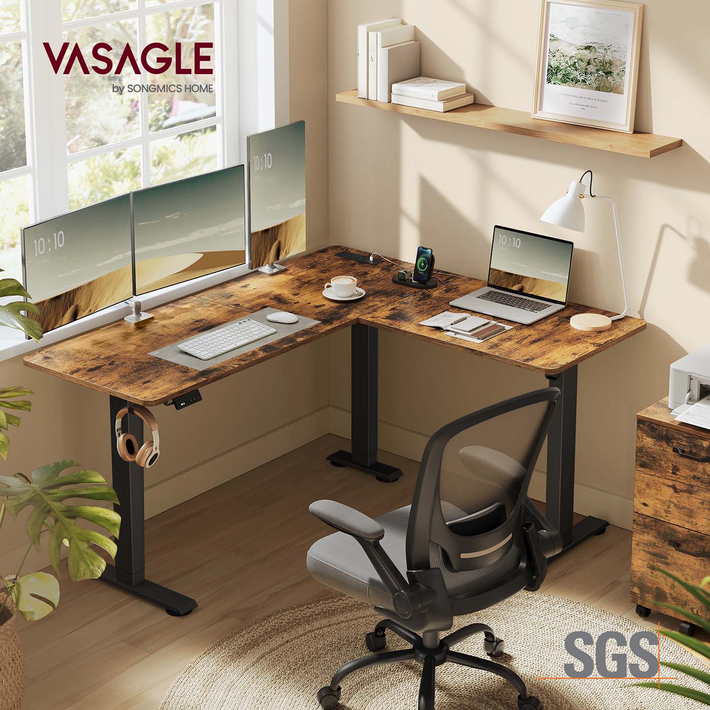 L-Shaped Electric Desk - Wood - Rustic Brown - Height-Adjustable with Charging Station and Memory Function
