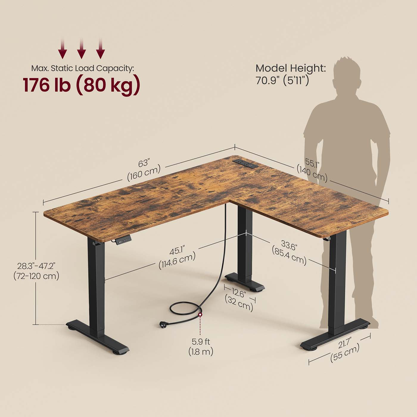L-Shaped Electric Desk - Wood - Rustic Brown - Height-Adjustable with Charging Station and Memory Function