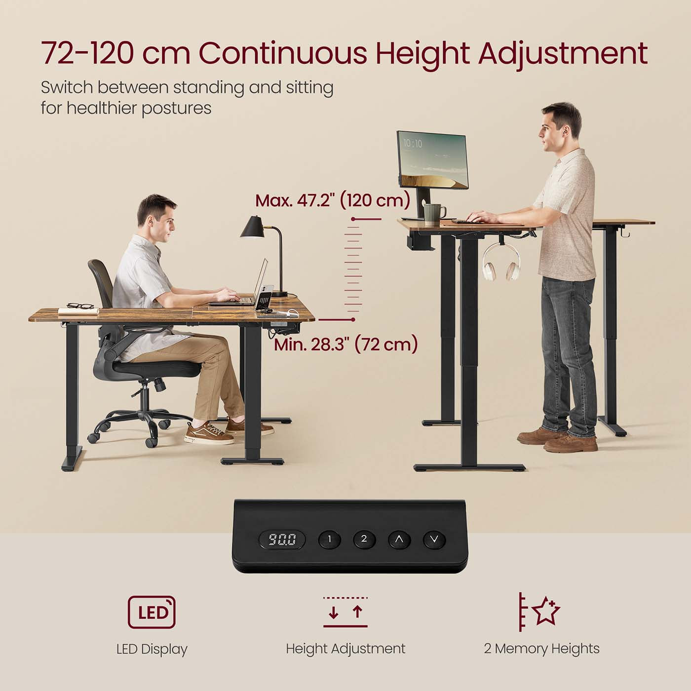 L-Shaped Electric Desk - Wood - Rustic Brown - Height-Adjustable with Charging Station and Memory Function