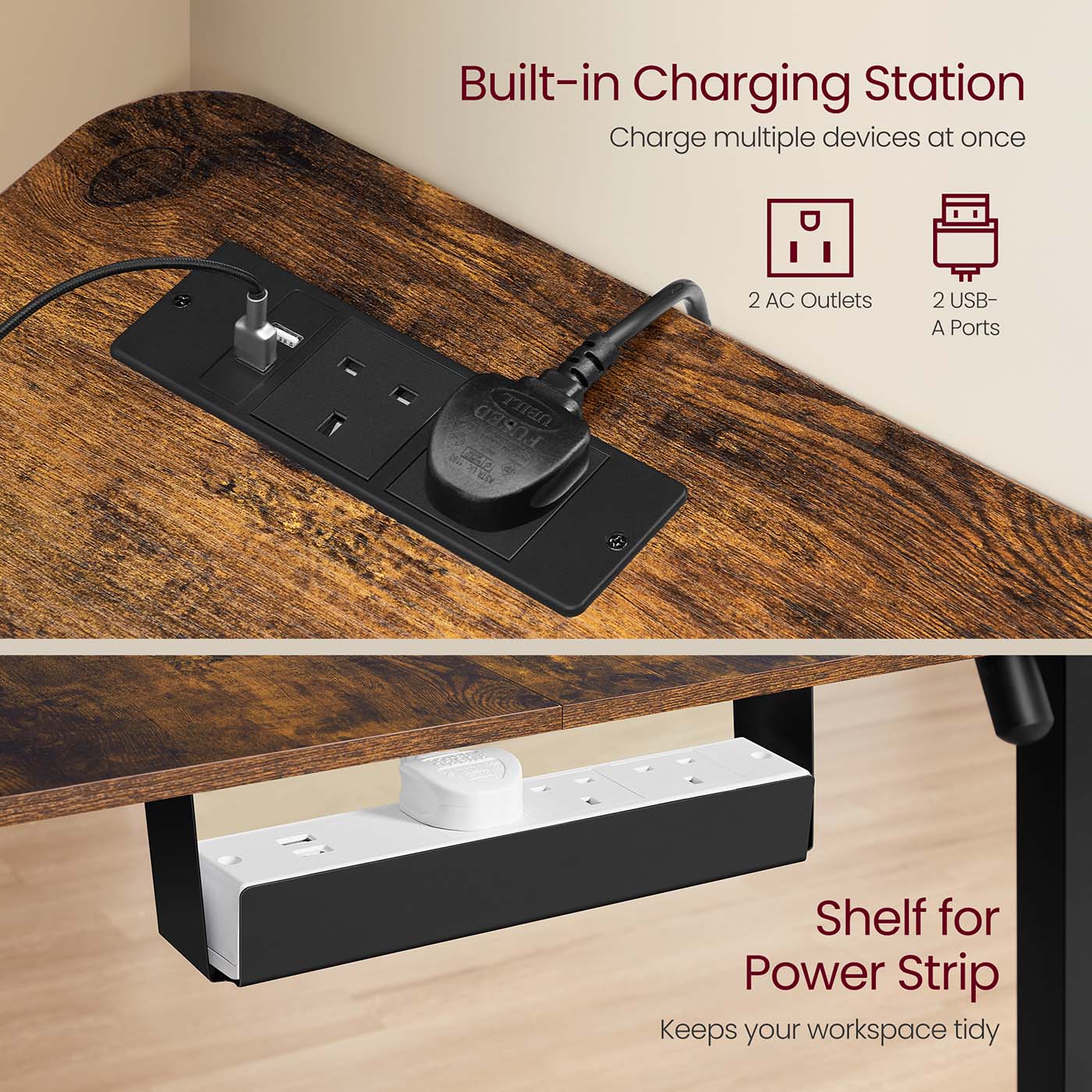 L-Shaped Electric Desk - Wood - Rustic Brown - Height-Adjustable with Charging Station and Memory Function