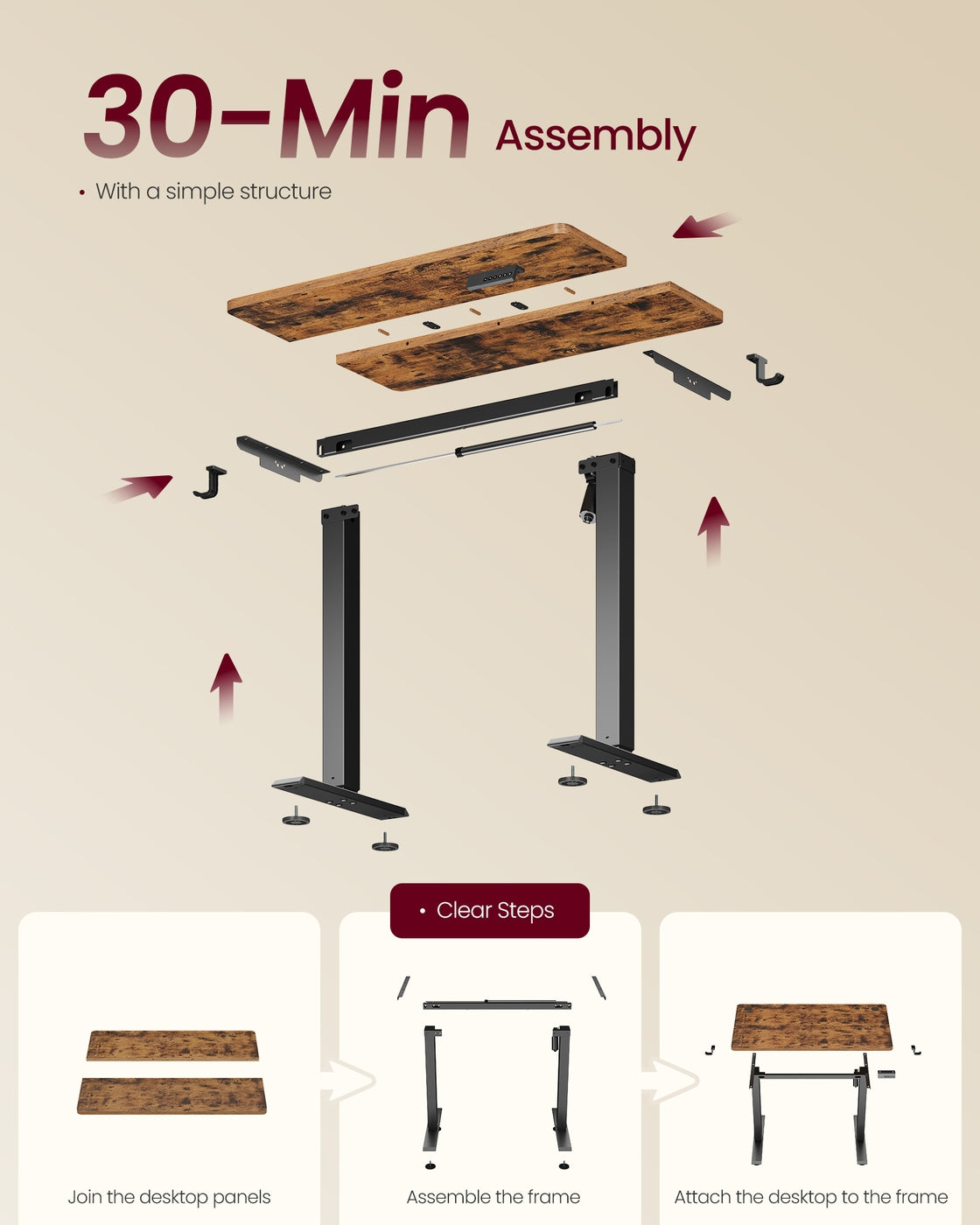 Standing Desk - Electric Height-Adjustable - Rustic Brown - 80 x 50 x 72-120 cm
