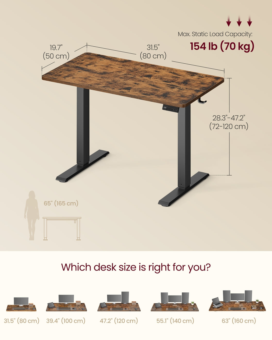 Standing Desk - Electric Height-Adjustable - Rustic Brown - 80 x 50 x 72-120 cm