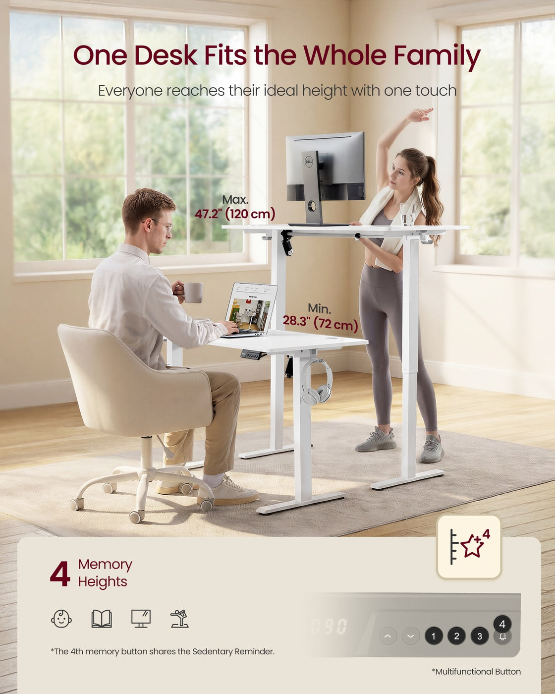 Standing Desk - Electric Height-Adjustable - White - 80 x 50 x 72-120 cm