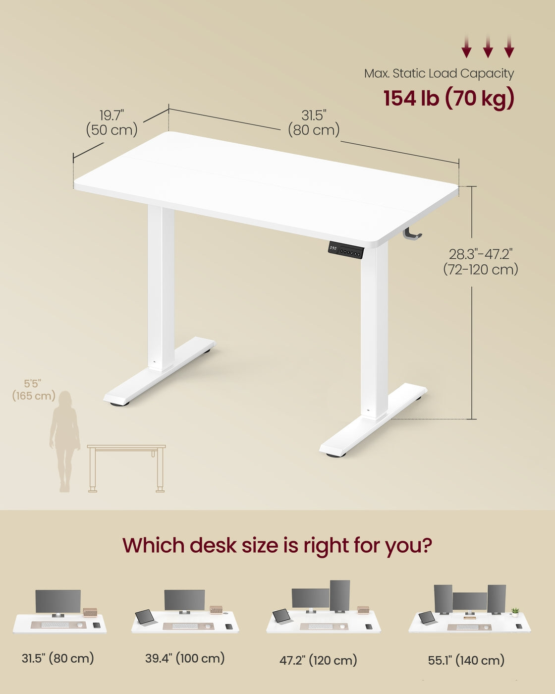 Standing Desk - Electric Height-Adjustable - White - 80 x 50 x 72-120 cm