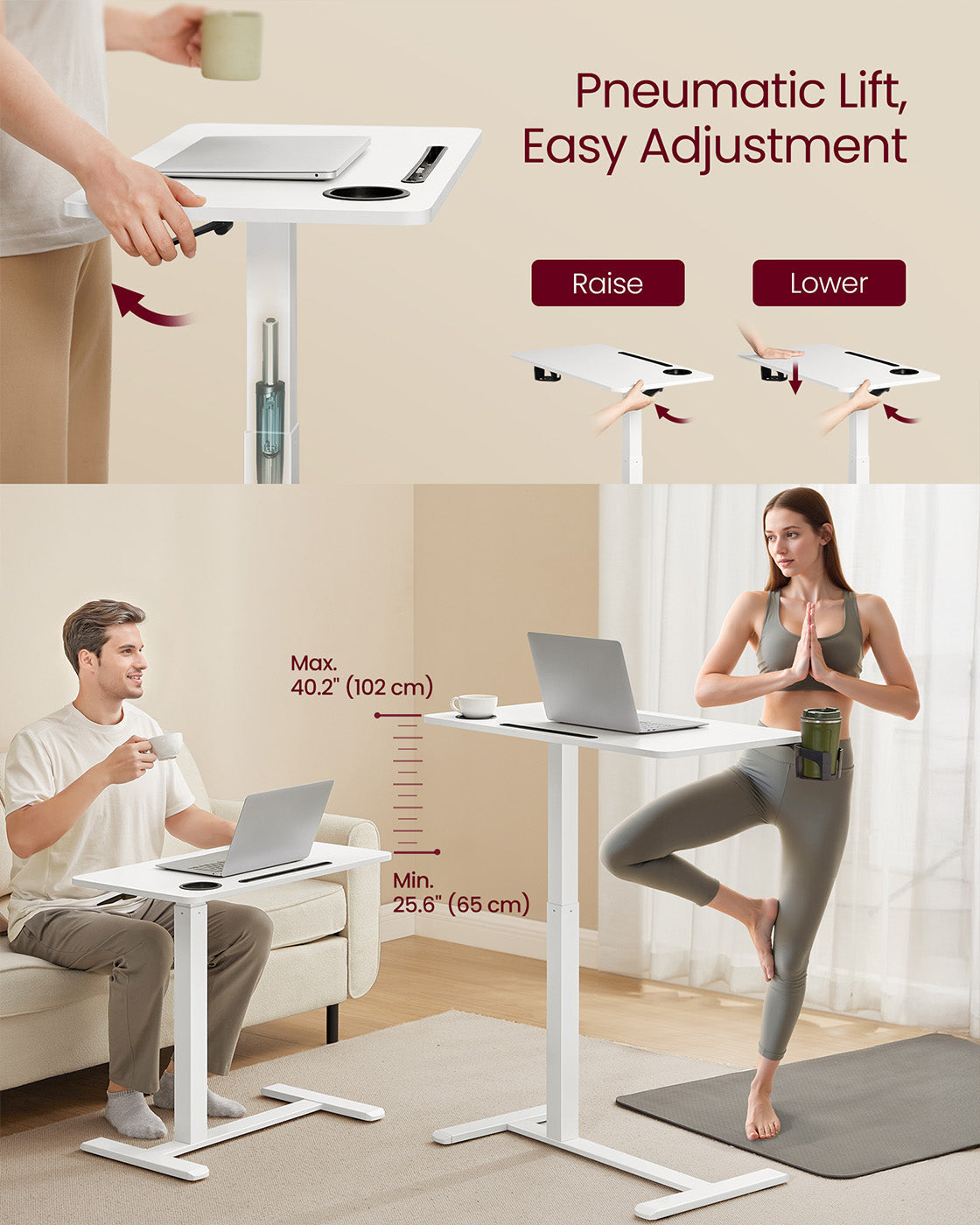 Overbed Table - Wood - Cloud White - Adjustable Height with Wheels and Device Slots