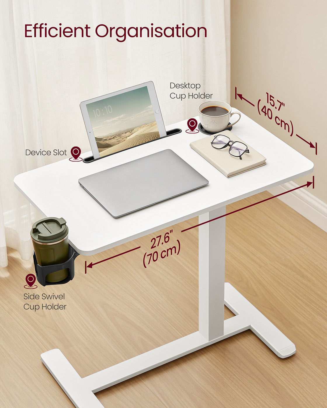 Overbed Table - Wood - Cloud White - Adjustable Height with Wheels and Device Slots