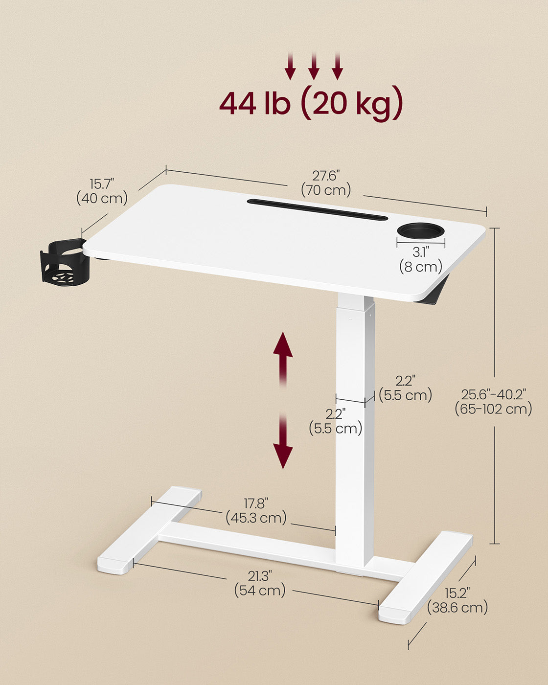Overbed Table - Wood - Cloud White - Adjustable Height with Wheels and Device Slots