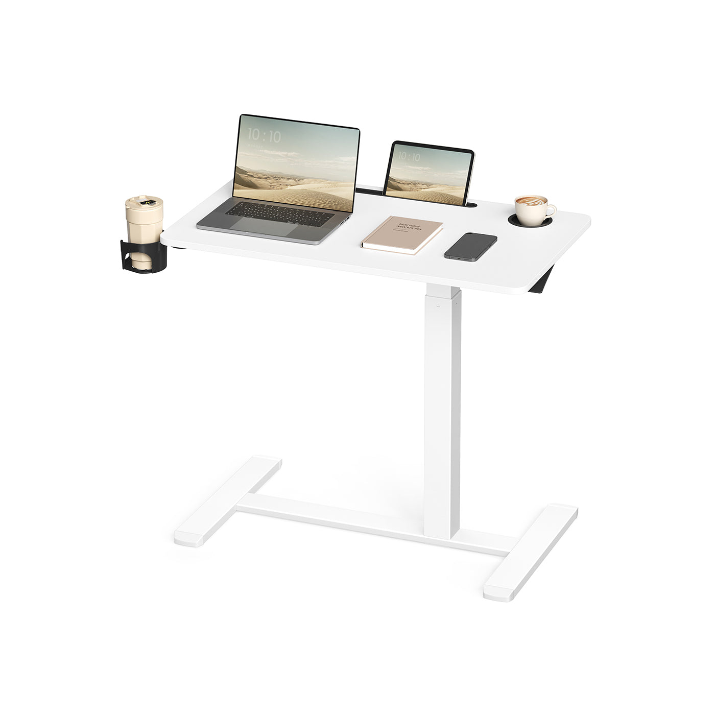 Overbed Table - Wood - Cloud White - Adjustable Height with Wheels and Device Slots