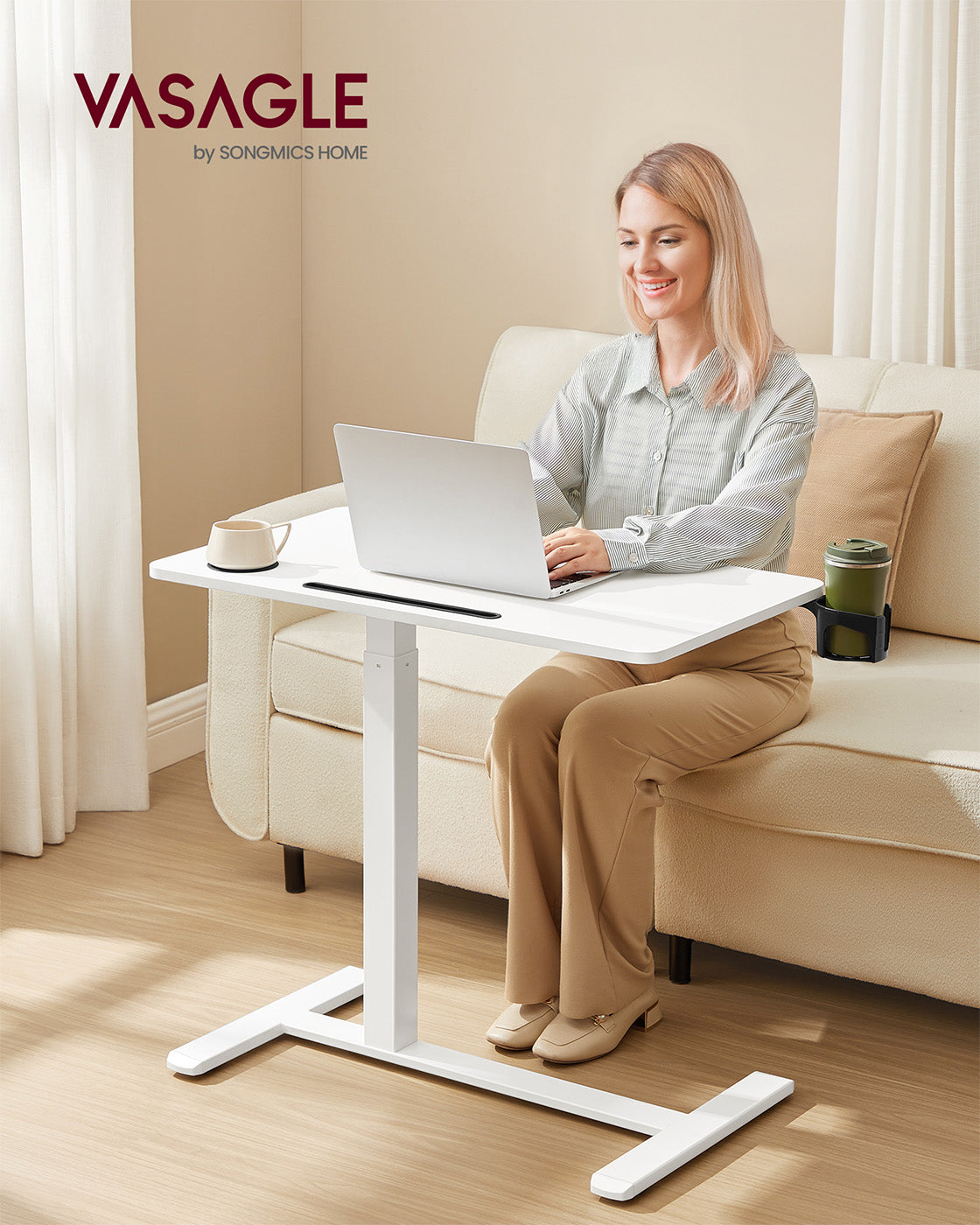 Overbed Table - Wood - Cloud White - Adjustable Height with Wheels and Device Slots