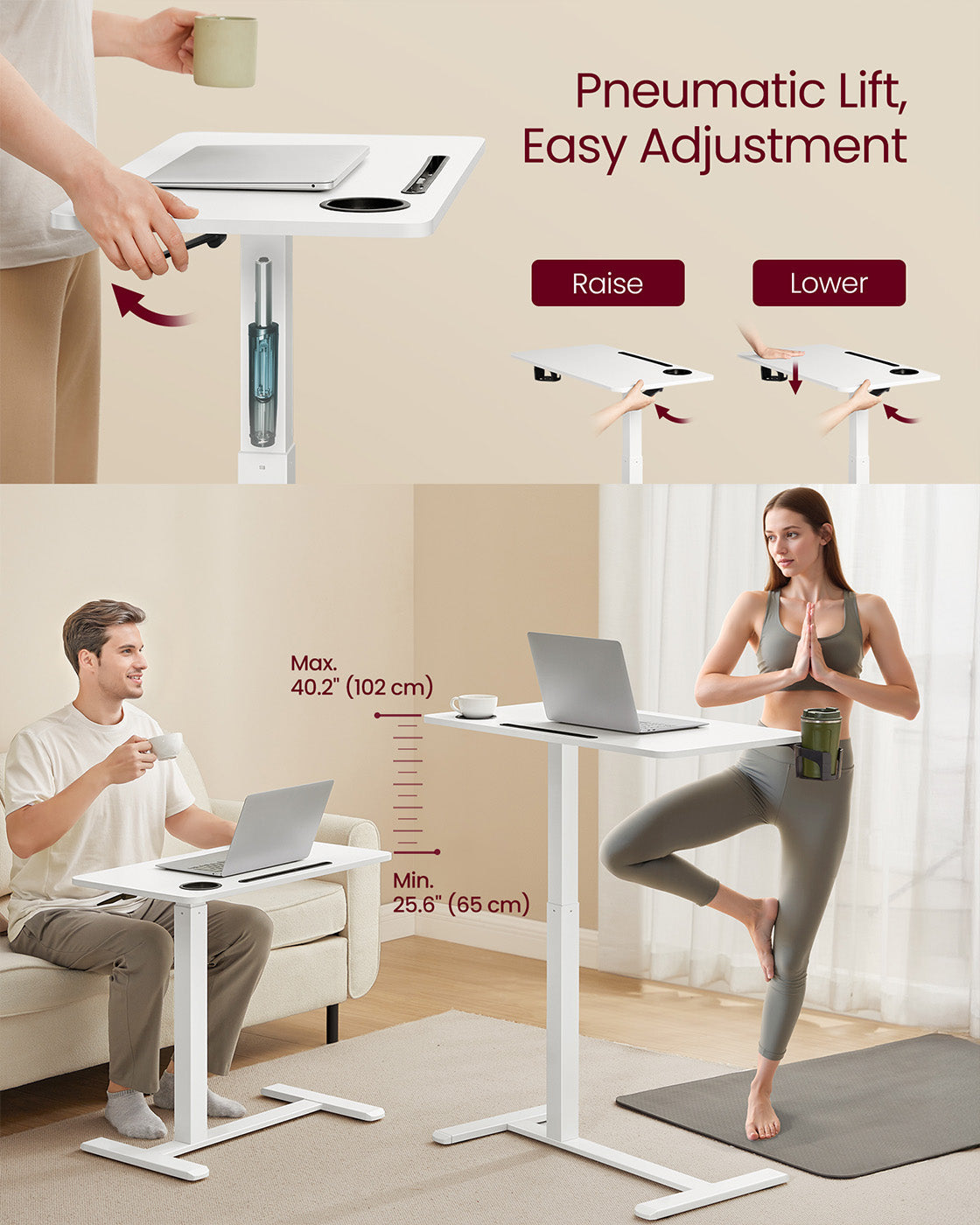 Overbed Table - Wood - Cloud White - Adjustable Height with Wheels and Device Slots