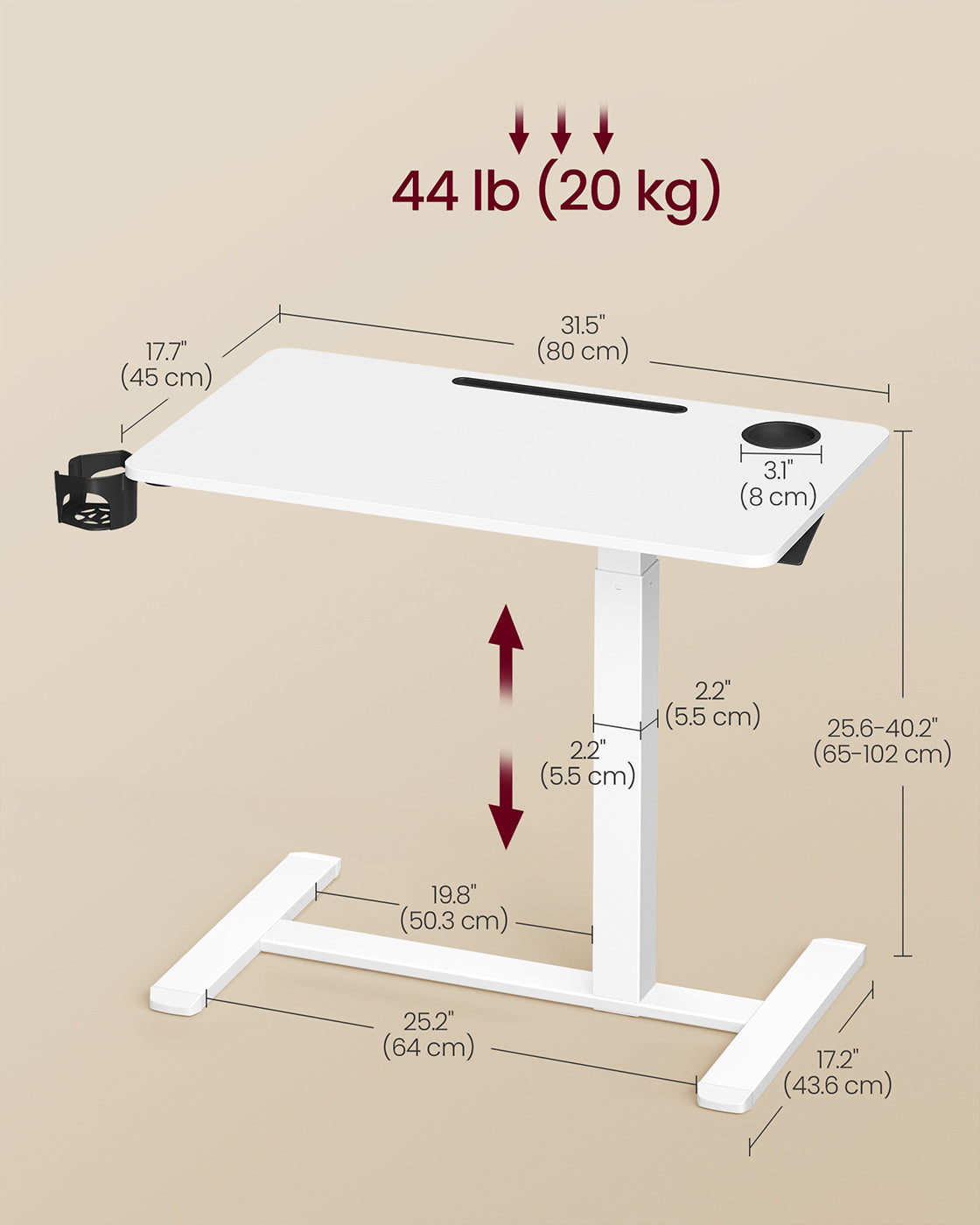 Overbed Table - Wood - Cloud White - Adjustable Height with Wheels and Device Slots