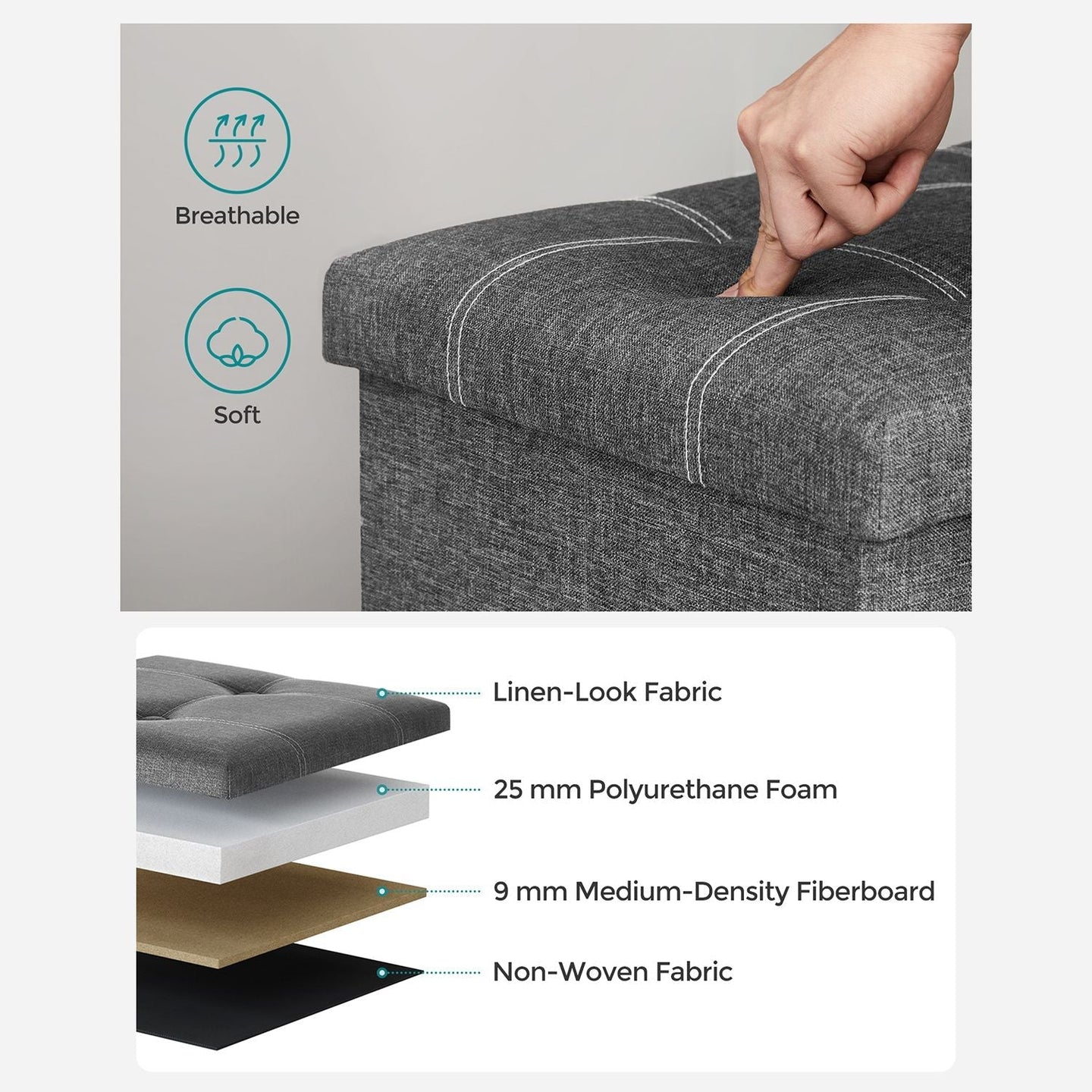 Storage Ottoman - Linen-Look Fabric - Dark Grey - 80L Capacity