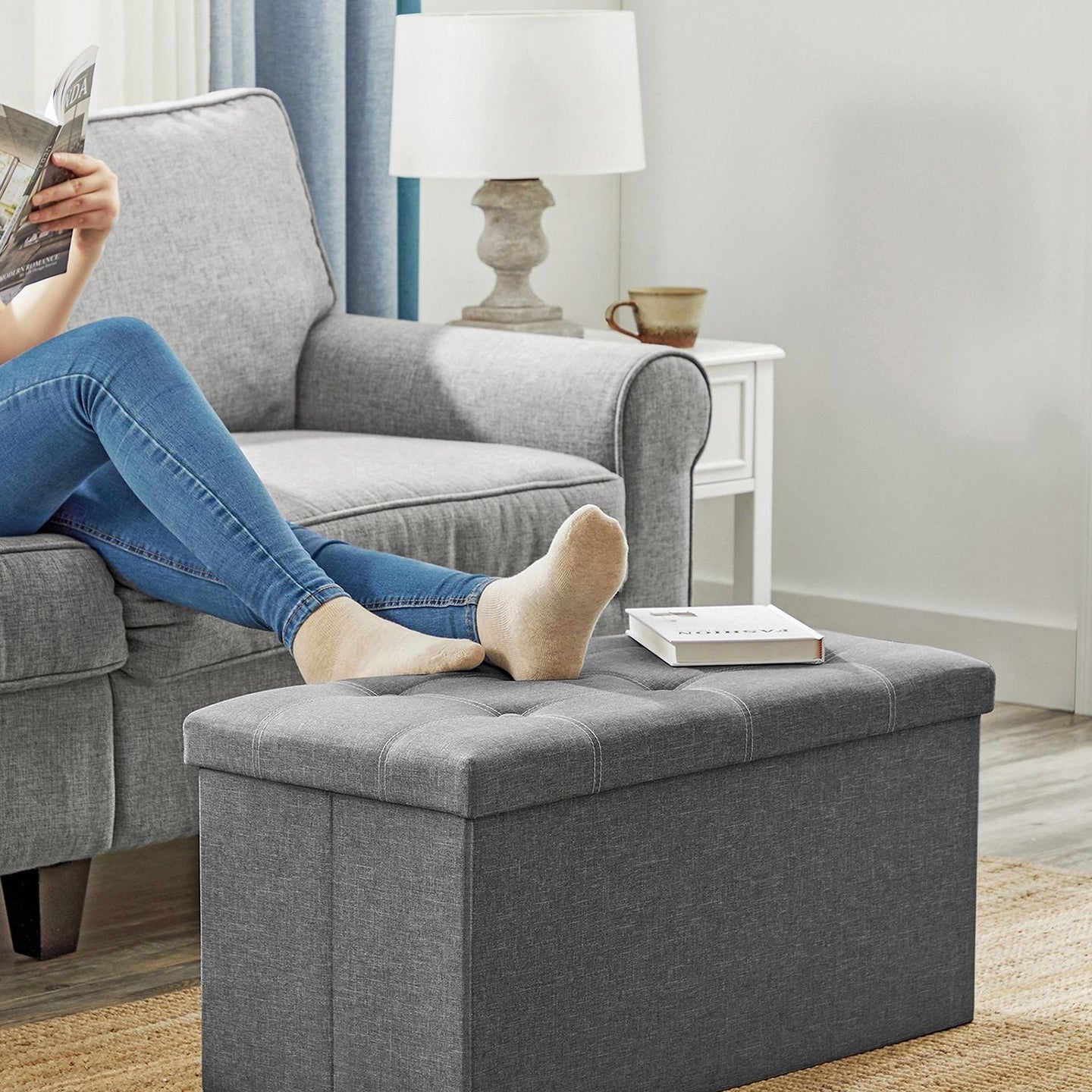 Storage Ottoman - Linen-Look Fabric - Dark Grey - 80L Capacity