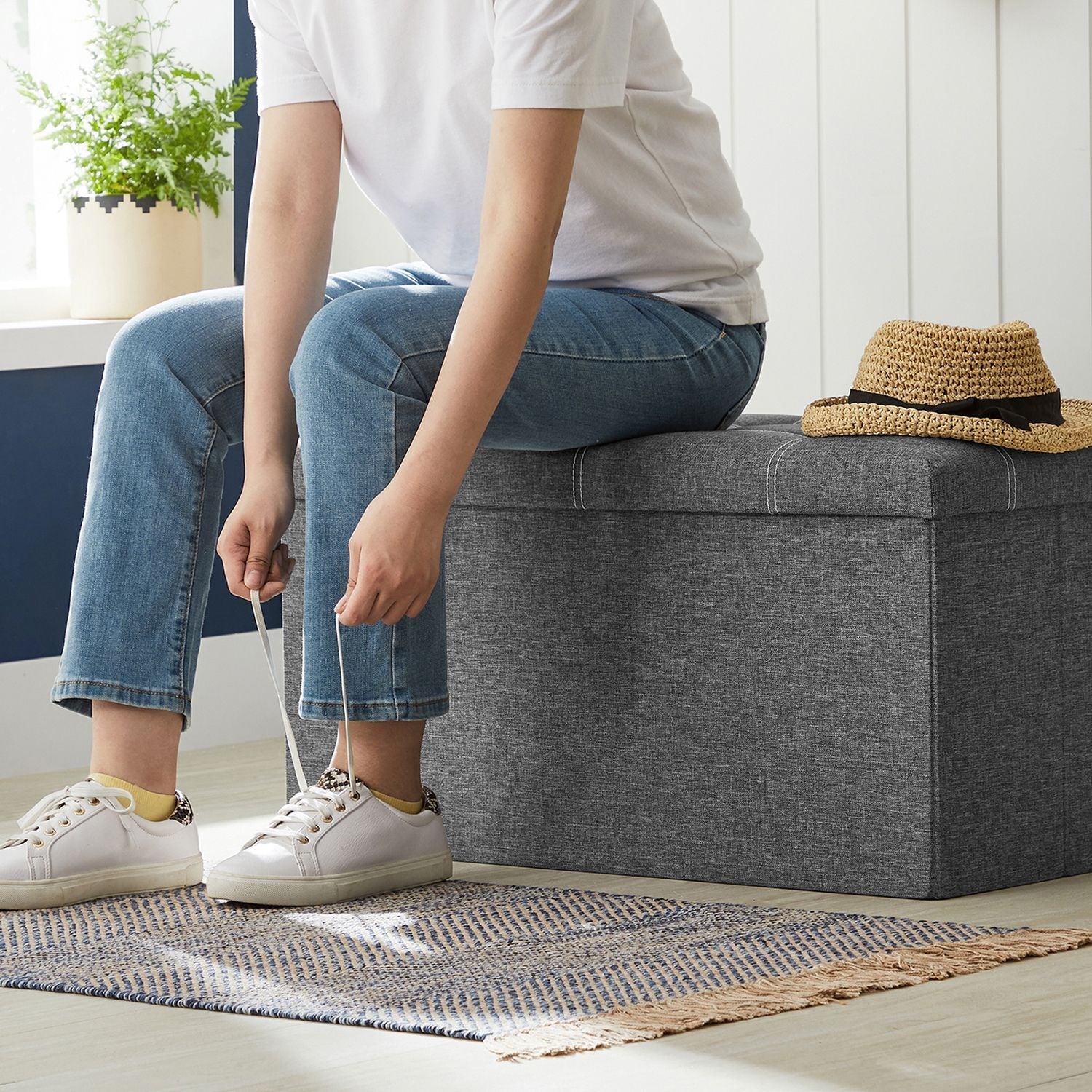 Storage Ottoman - Linen-Look Fabric - Dark Grey - 80L Capacity