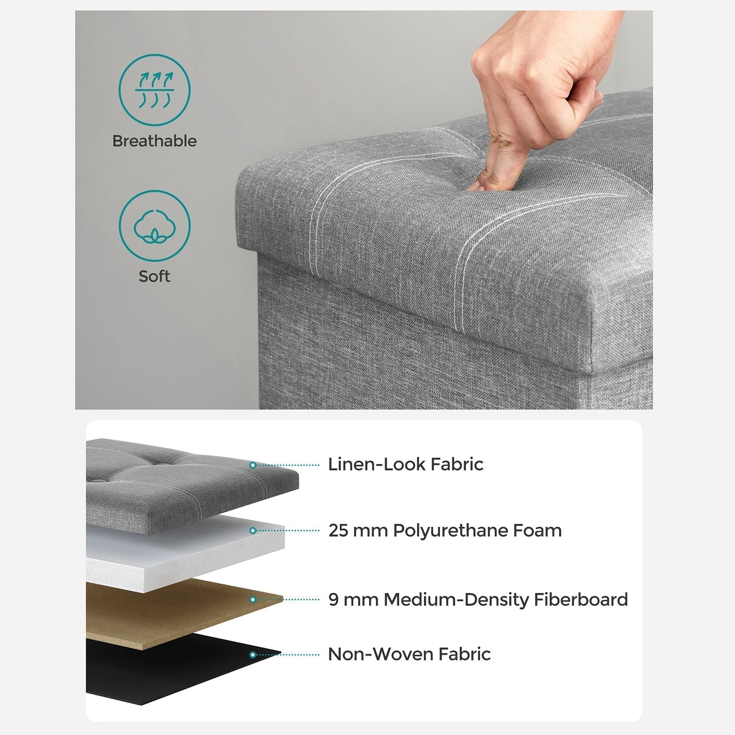 Storage Ottoman - Linen-Look Fabric - Light Grey - 80L Capacity