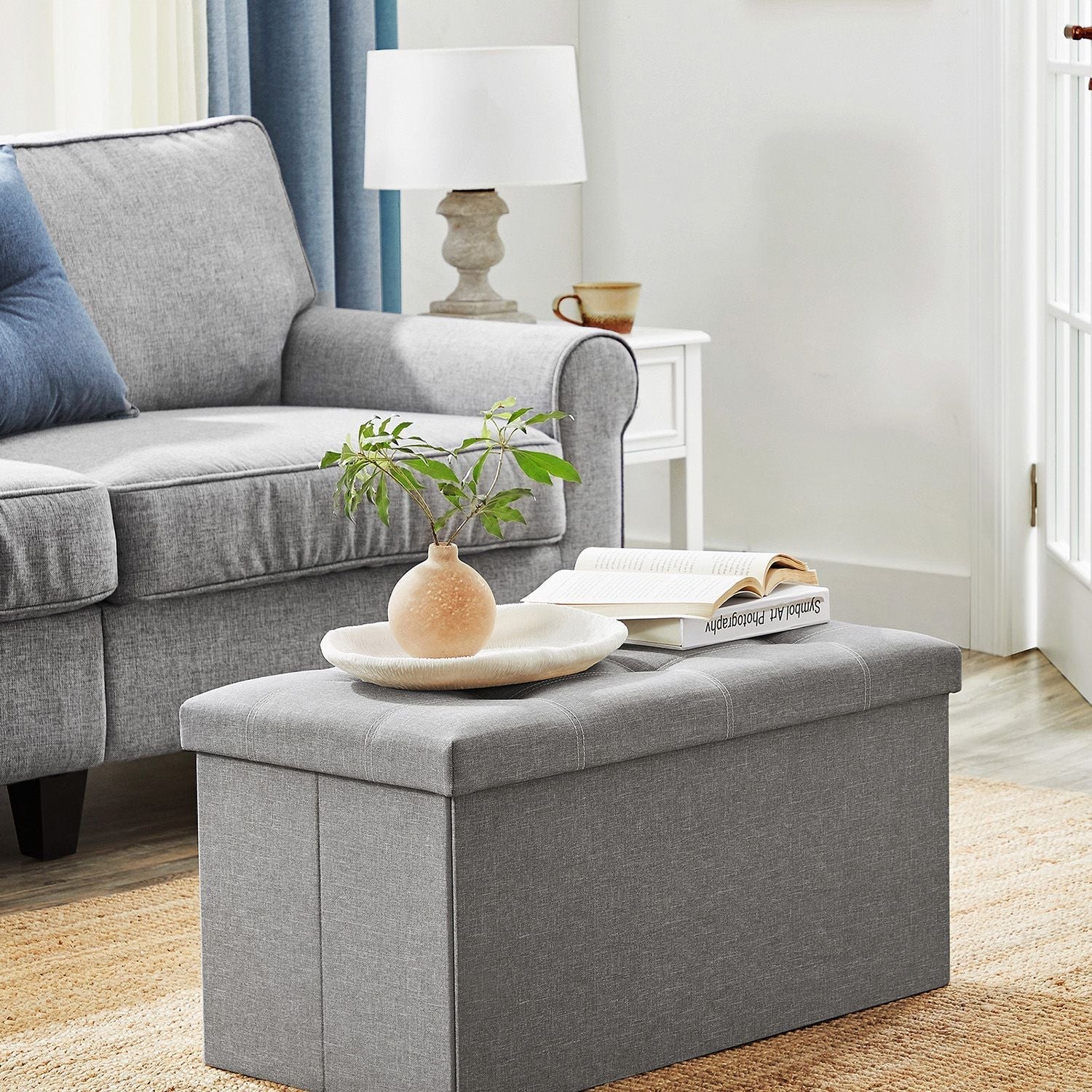Storage Ottoman - Linen-Look Fabric - Light Grey - 80L Capacity