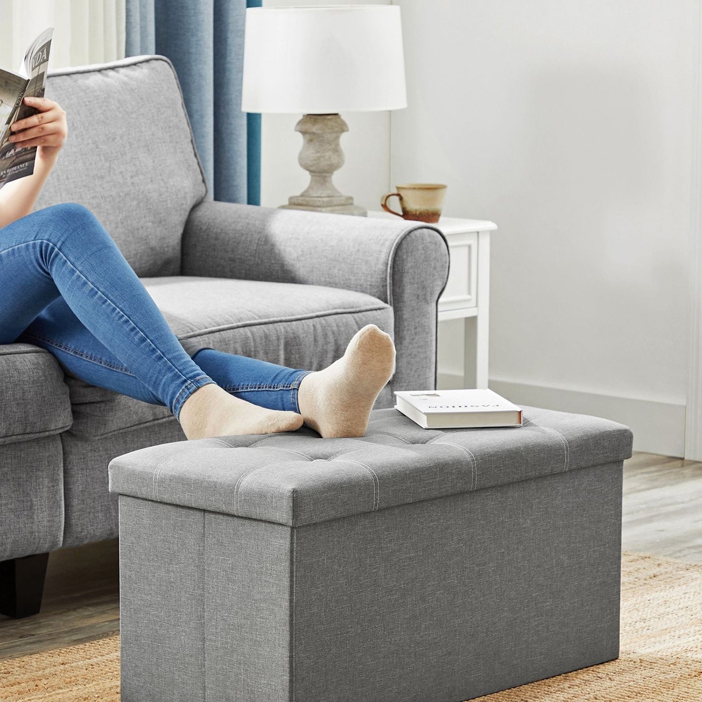 Storage Ottoman - Linen-Look Fabric - Light Grey - 80L Capacity