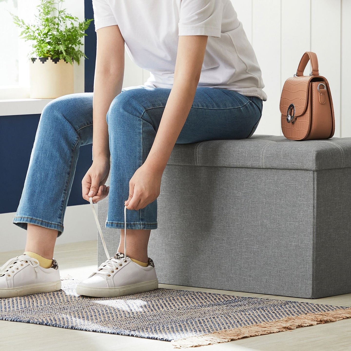 Storage Ottoman - Linen-Look Fabric - Light Grey - 80L Capacity