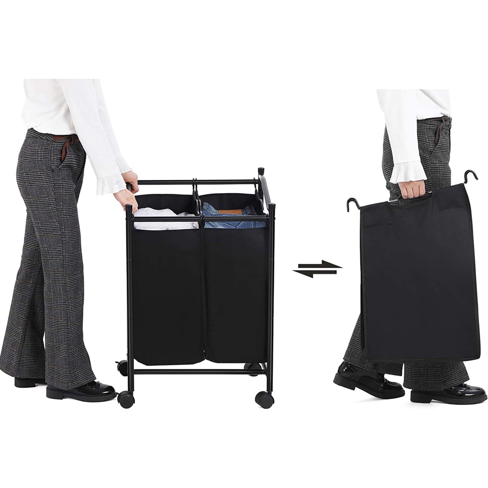 Laundry Hamper - Fabric - Grey - Rolling with 2 Removable Sorter Bags