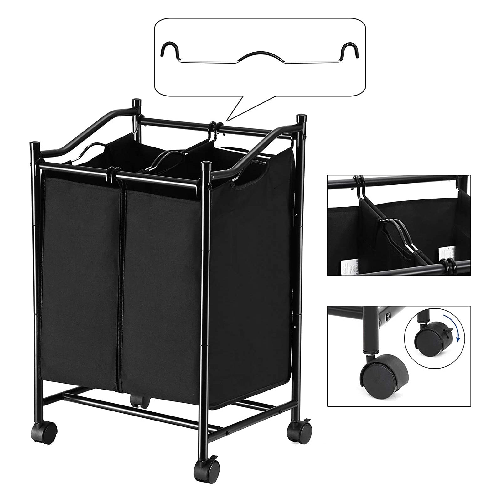 Laundry Hamper - Fabric - Grey - Rolling with 2 Removable Sorter Bags