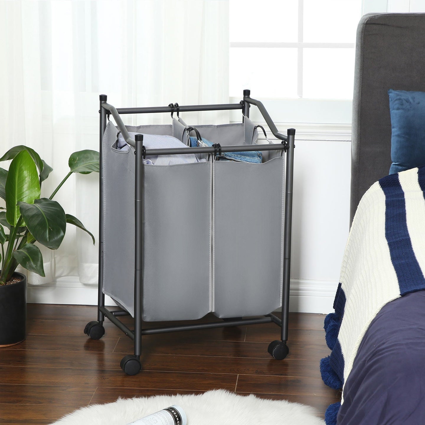 Laundry Cart - Fabric - Gray - Sturdy Design with 2 Removable Bags