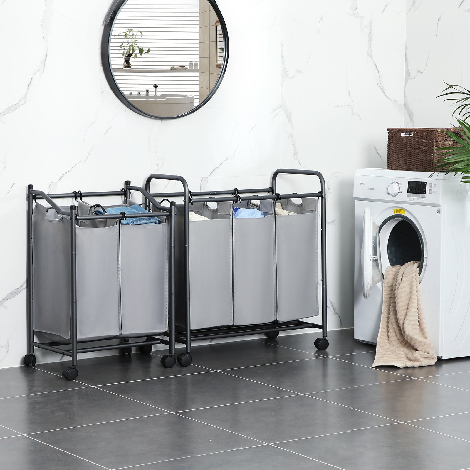 Laundry Cart - Fabric - Gray - Sturdy Design with 2 Removable Bags