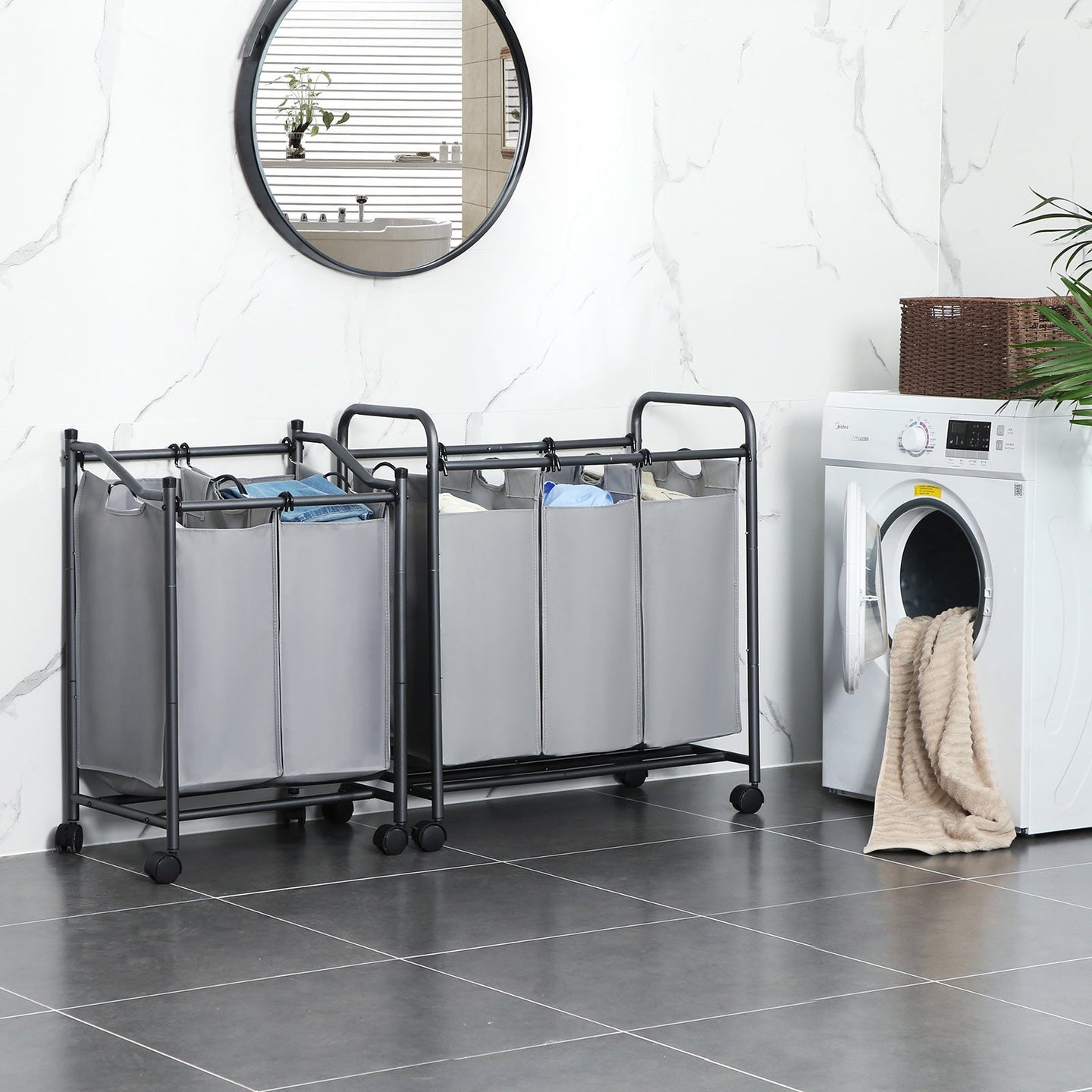 Laundry Cart - Fabric - Gray - Sturdy Design with 2 Removable Bags