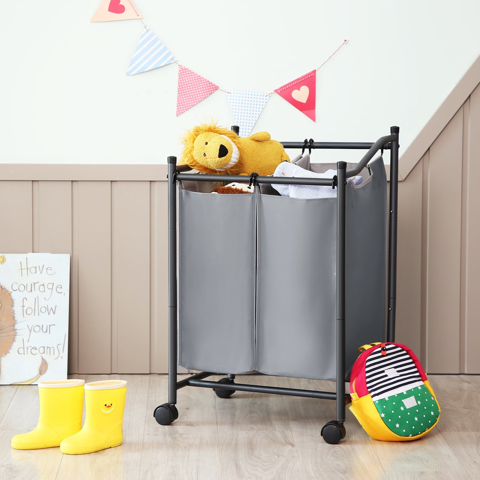 Laundry Cart - Fabric - Gray - Sturdy Design with 2 Removable Bags
