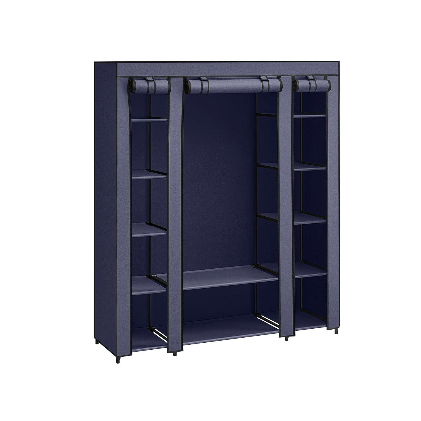Fabric Wardrobe - Canvas - Navy Blue - 12 Shelves and Clothes Hanging Rail