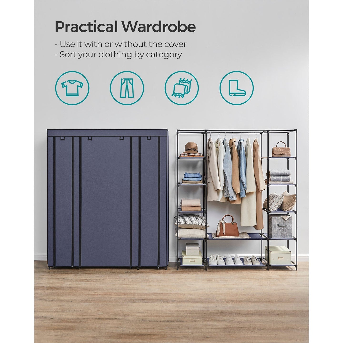 Fabric Wardrobe - Canvas - Navy Blue - 12 Shelves and Clothes Hanging Rail