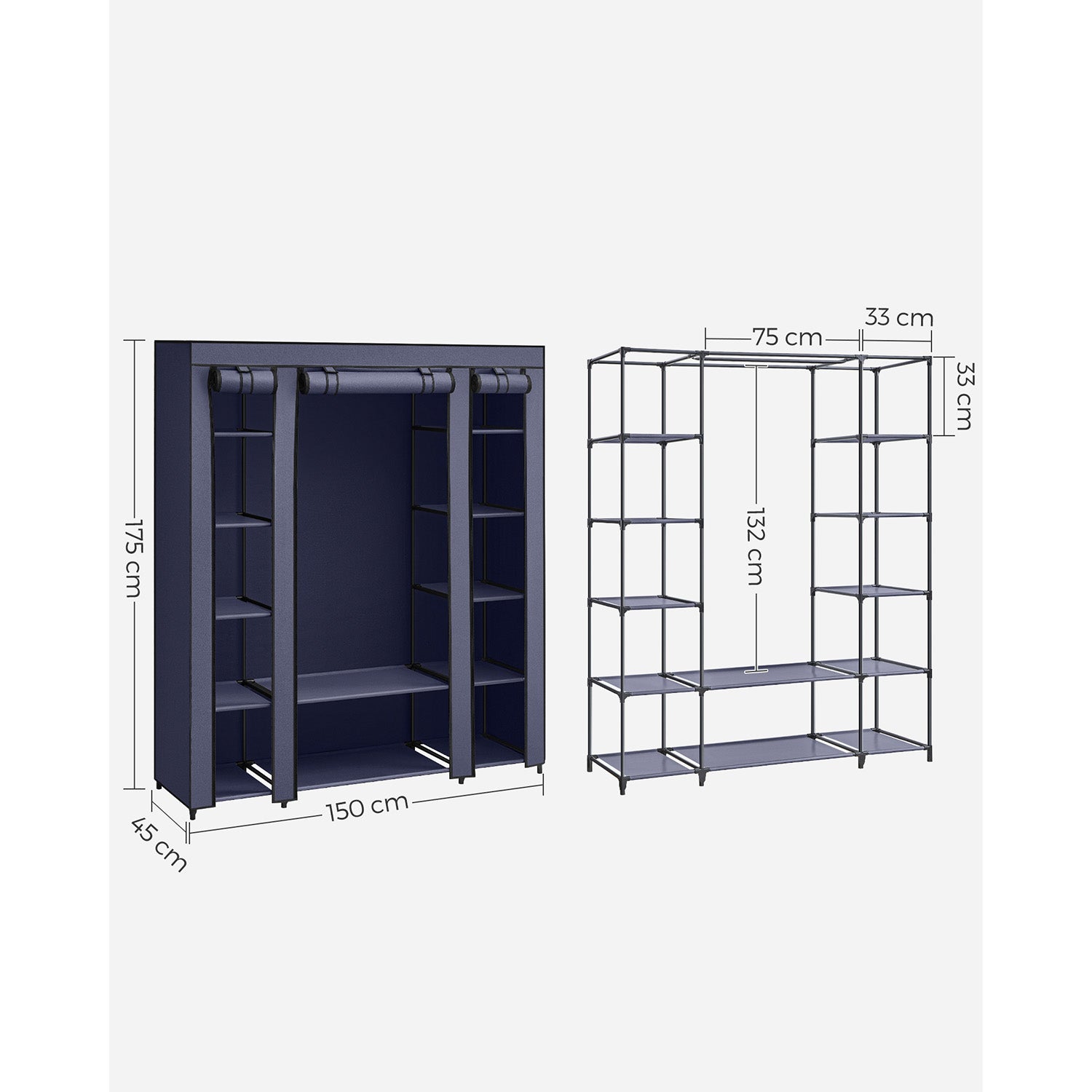 Fabric Wardrobe - Canvas - Navy Blue - 12 Shelves and Clothes Hanging Rail