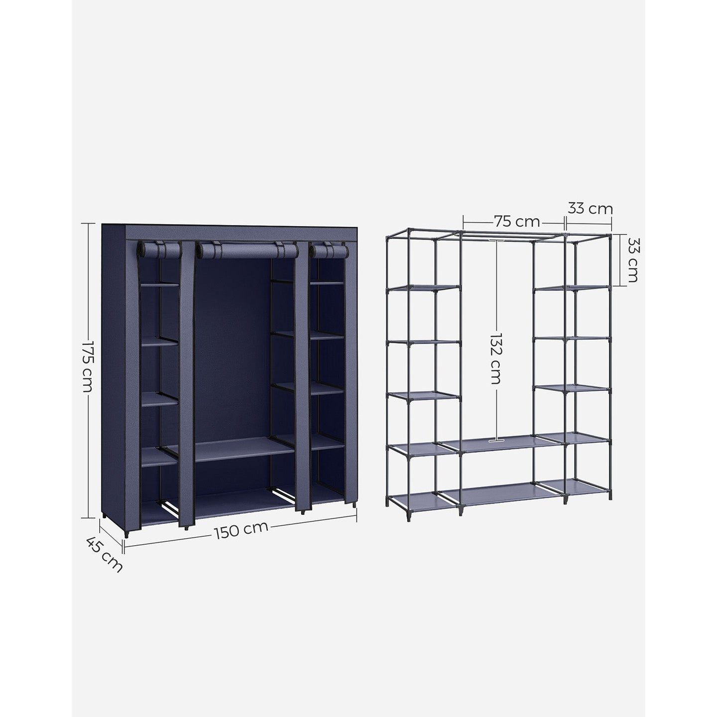 Fabric Wardrobe - Canvas - Navy Blue - 12 Shelves and Clothes Hanging Rail