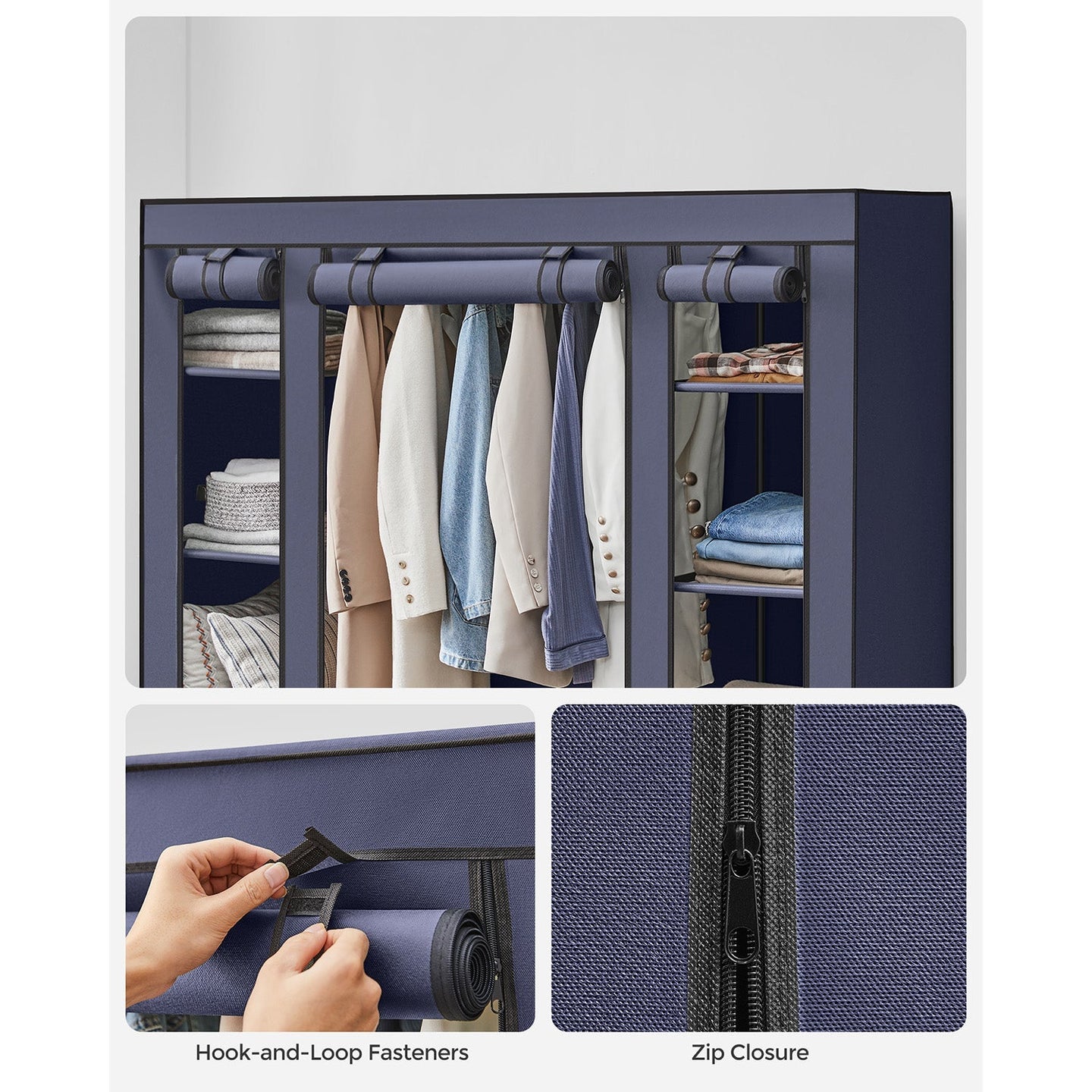 Fabric Wardrobe - Canvas - Navy Blue - 12 Shelves and Clothes Hanging Rail