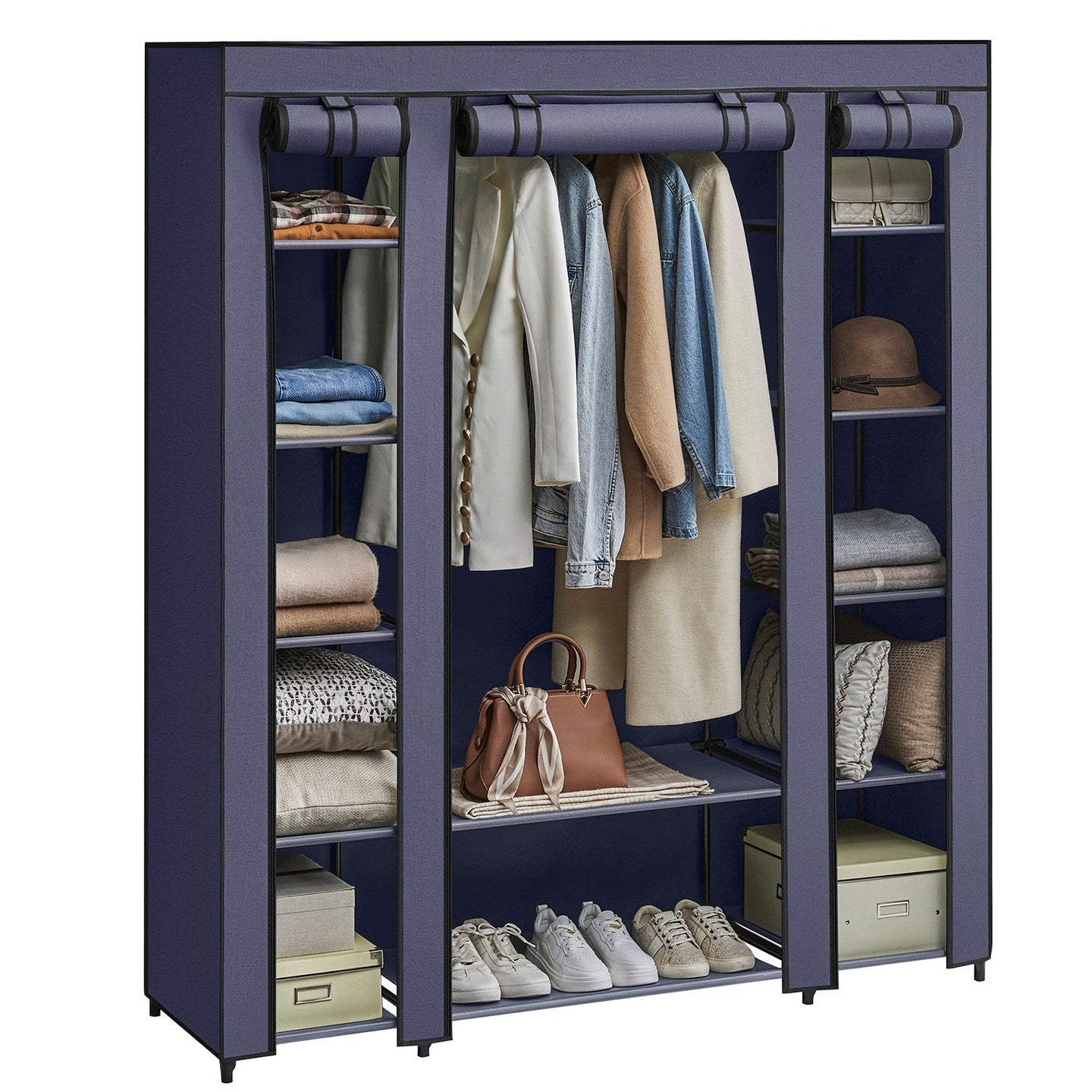 Fabric Wardrobe - Canvas - Navy Blue - 12 Shelves and Clothes Hanging Rail