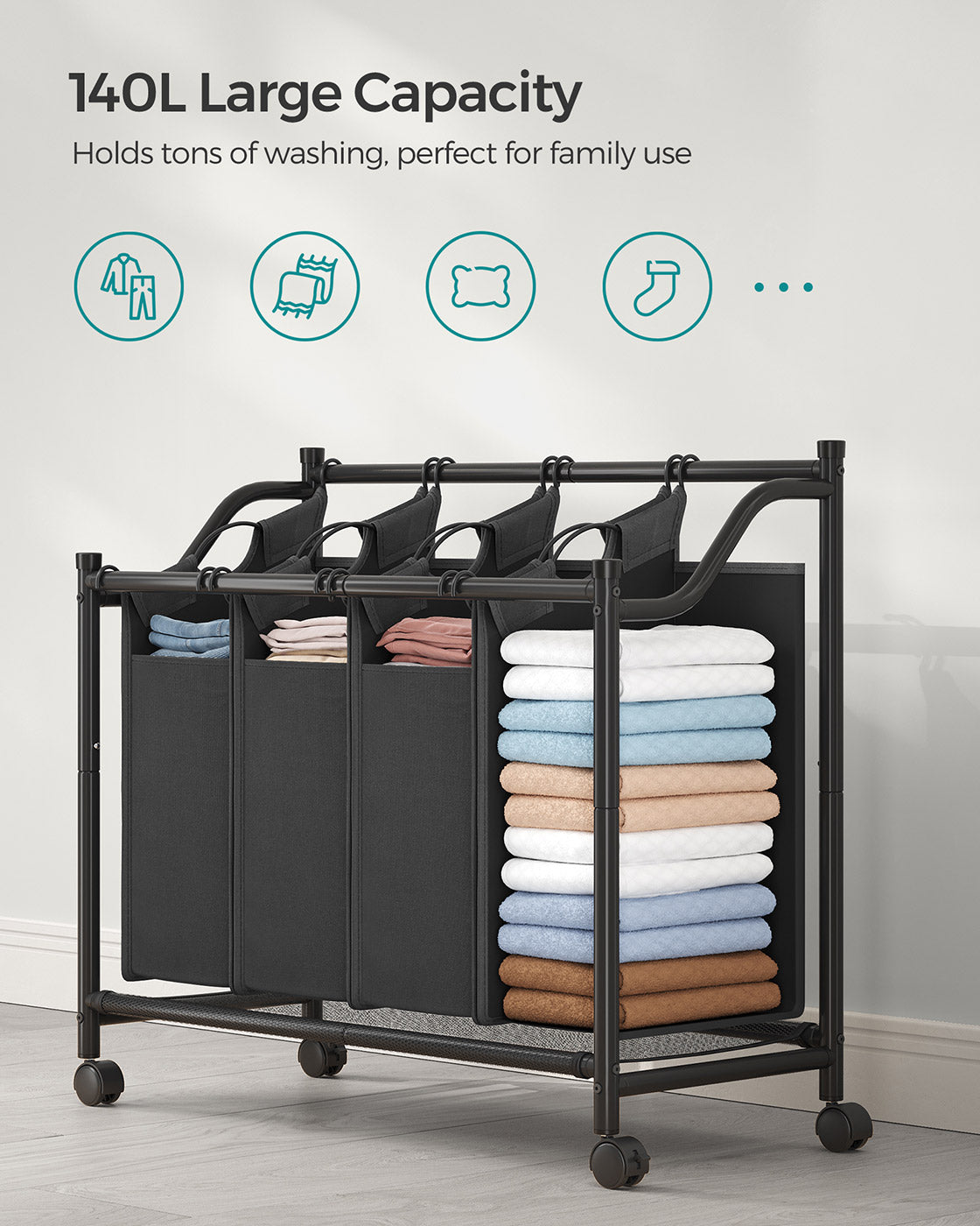 Laundry Sorter Trolley - Fabric - Black - Sturdy Design with 4 Removable 35L Bags