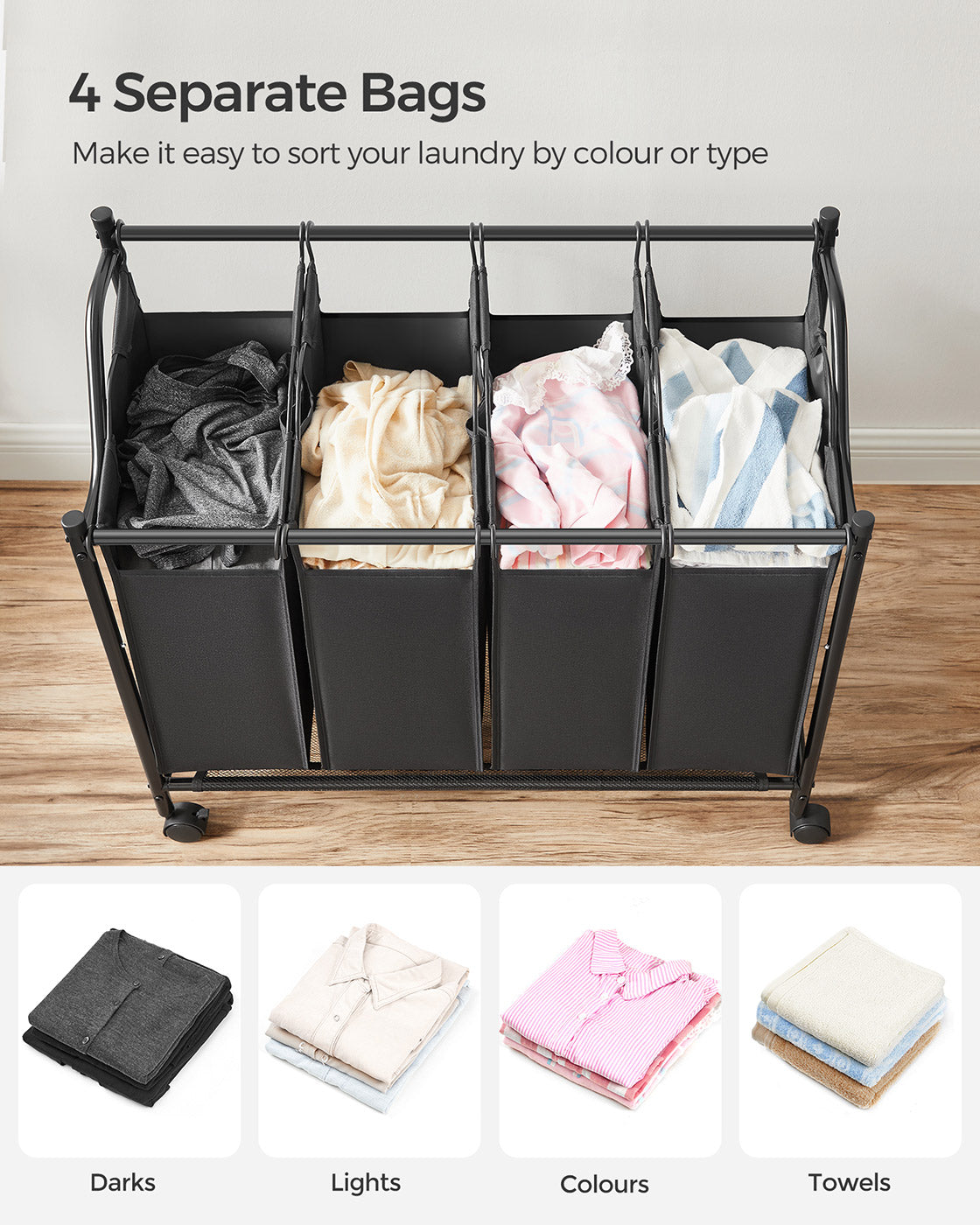 Laundry Sorter Trolley - Fabric - Black - Sturdy Design with 4 Removable 35L Bags