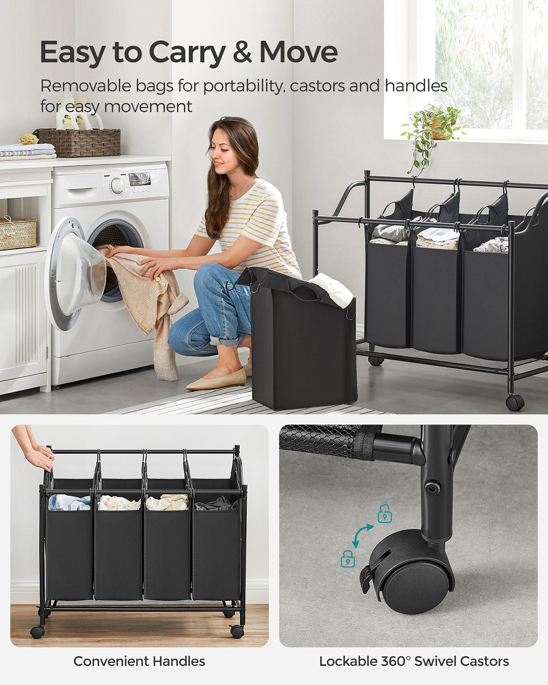 Laundry Sorter Trolley - Fabric - Black - Sturdy Design with 4 Removable 35L Bags