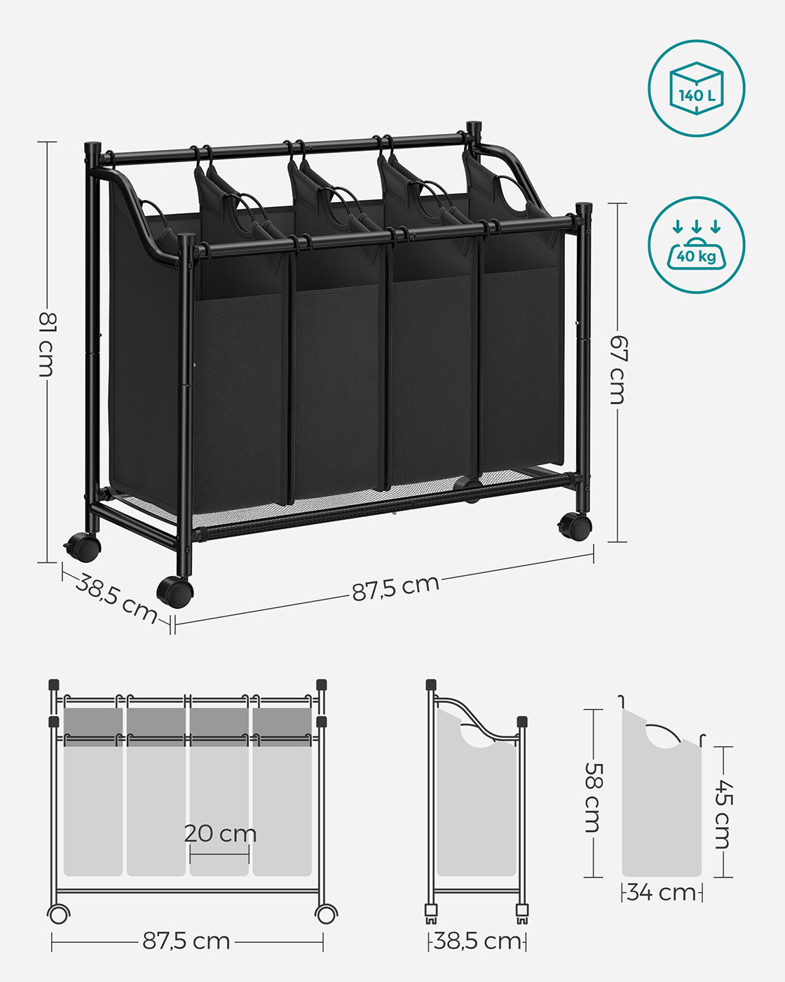 Laundry Sorter Trolley - Fabric - Black - Sturdy Design with 4 Removable 35L Bags