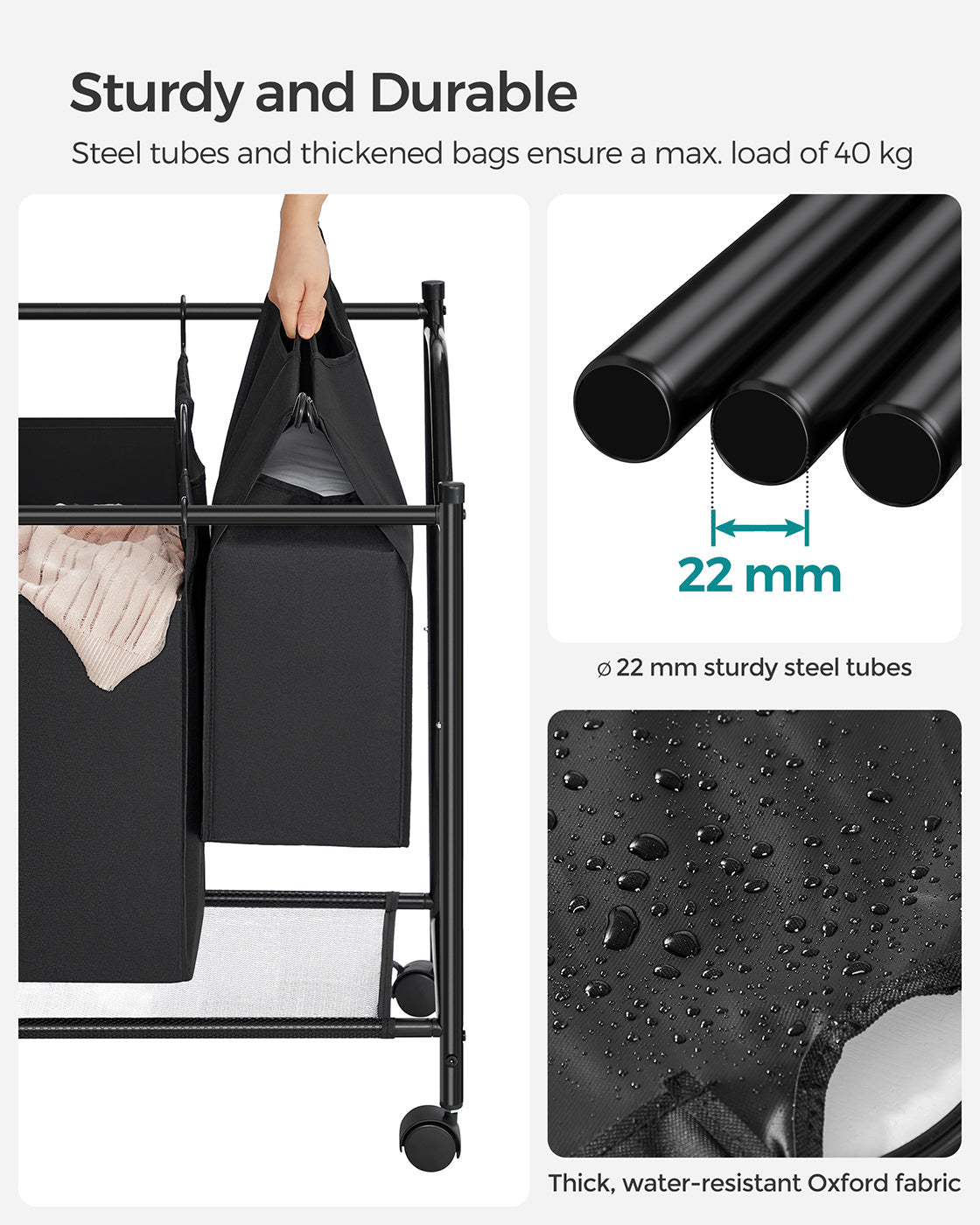 Laundry Sorter Trolley - Fabric - Black - Sturdy Design with 4 Removable 35L Bags