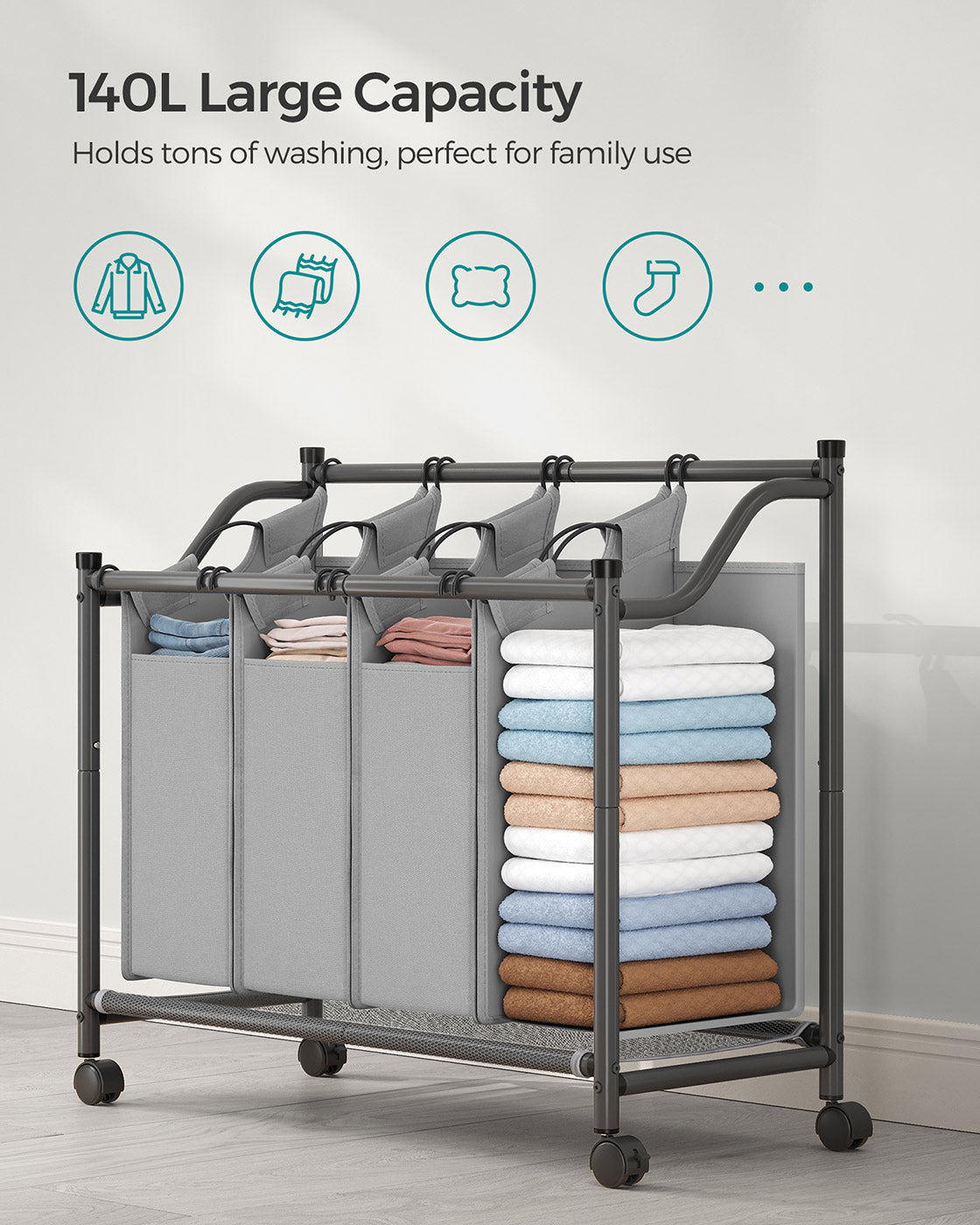 Rolling Laundry Sorter - Fabric - Black - Includes 4 Removable Bags