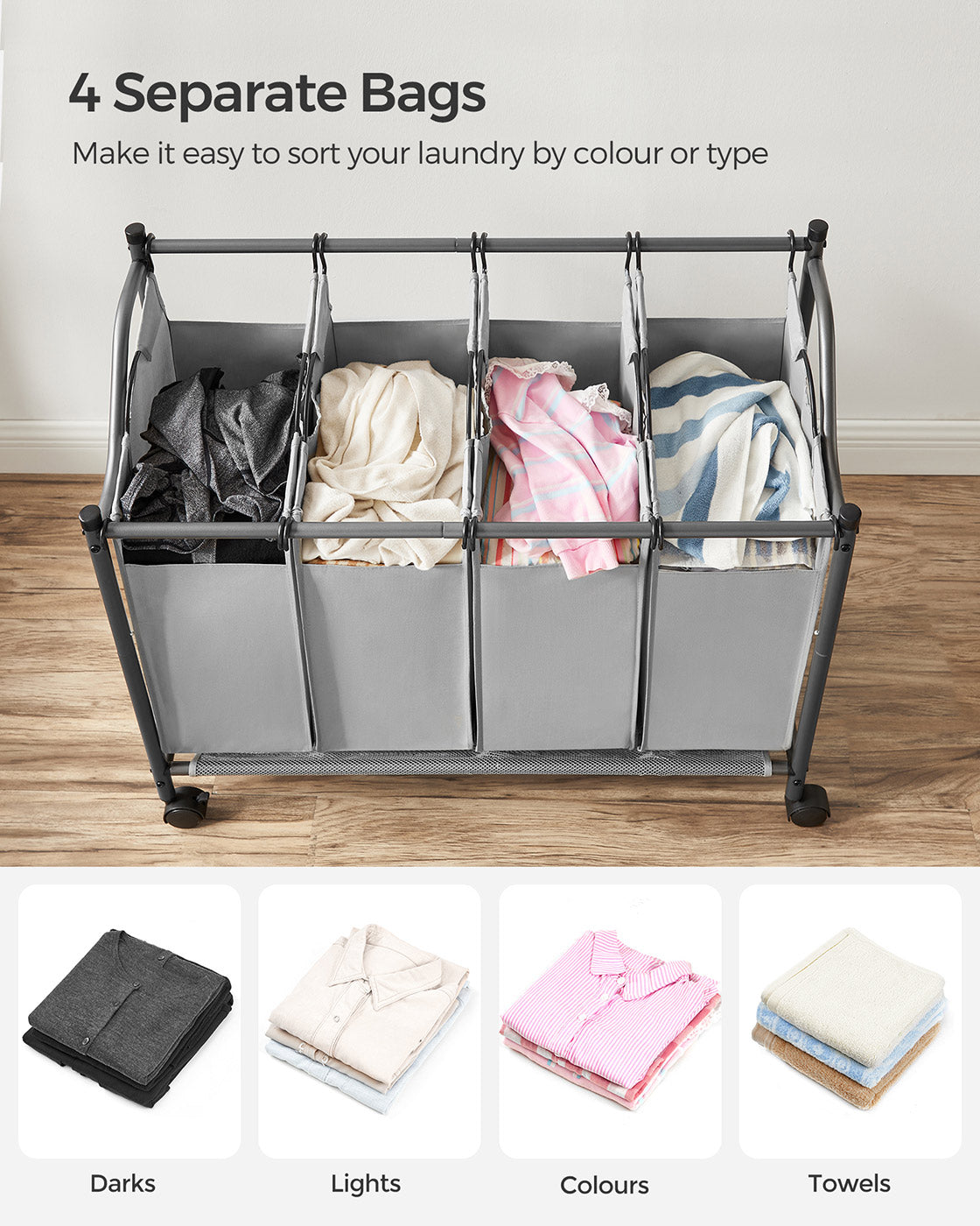 Rolling Laundry Sorter - Fabric - Black - Includes 4 Removable Bags