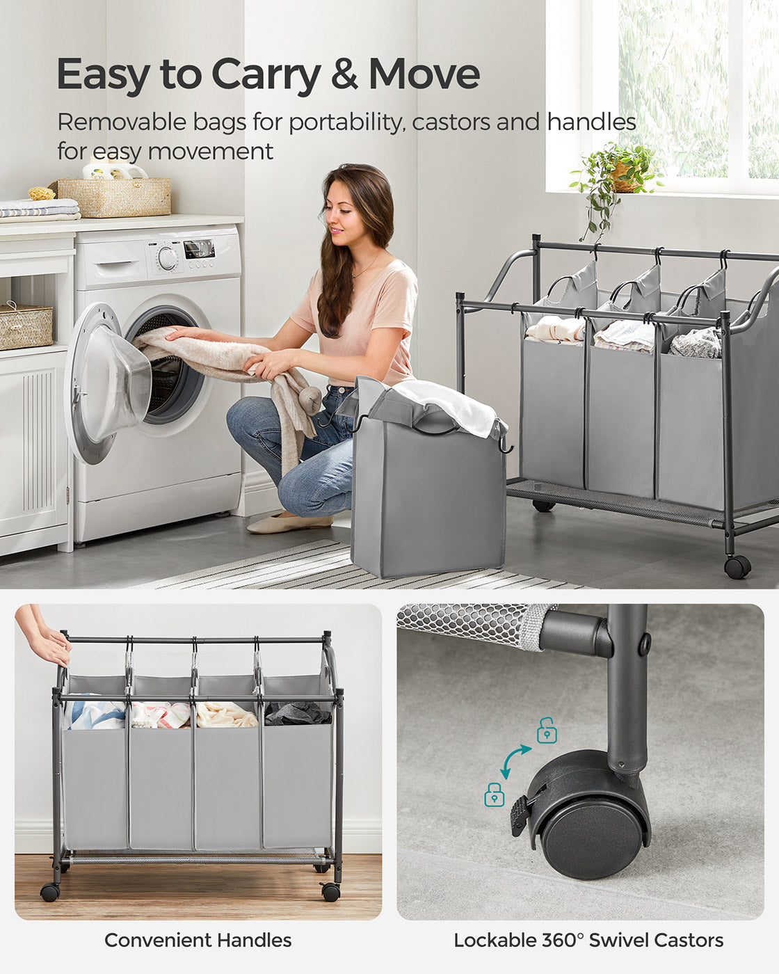 Rolling Laundry Sorter - Fabric - Black - Includes 4 Removable Bags