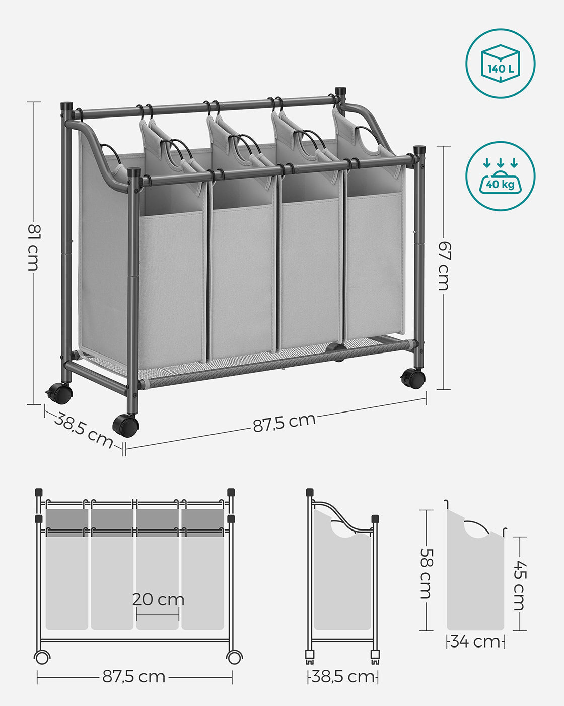 Rolling Laundry Sorter - Fabric - Black - Includes 4 Removable Bags